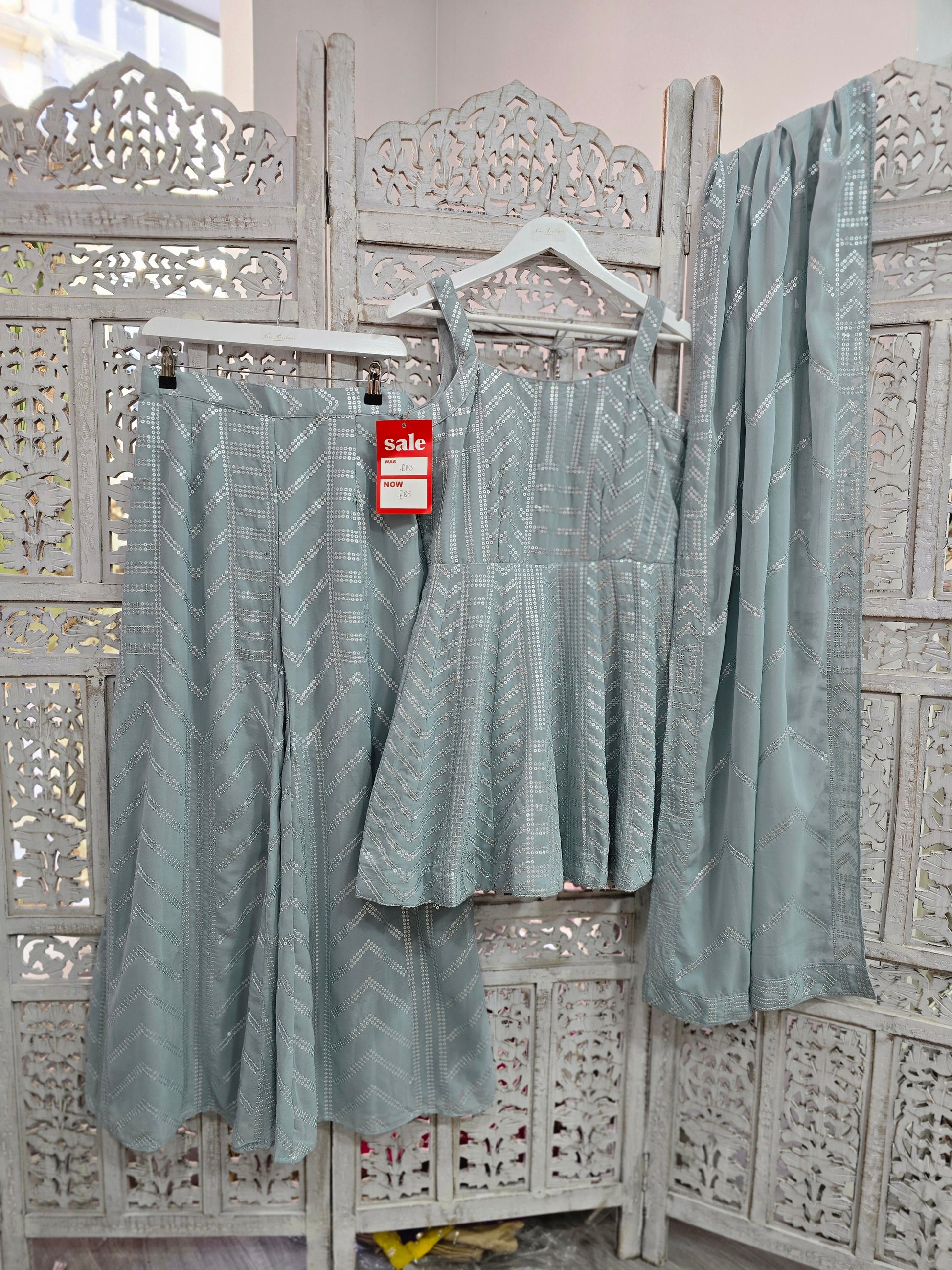 Dusky Blue Sequin Sharara Suit (Size 12)