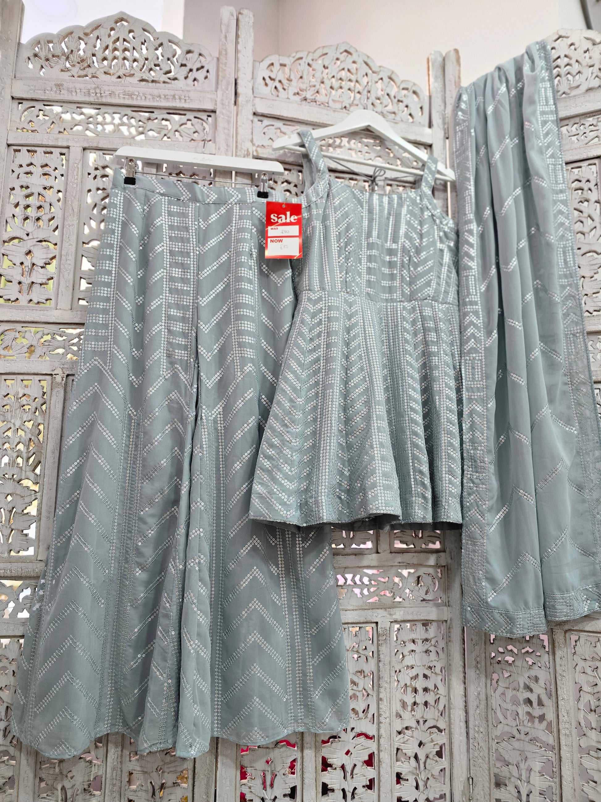 Dusky Blue Sequin Sharara Suit (Size 12)