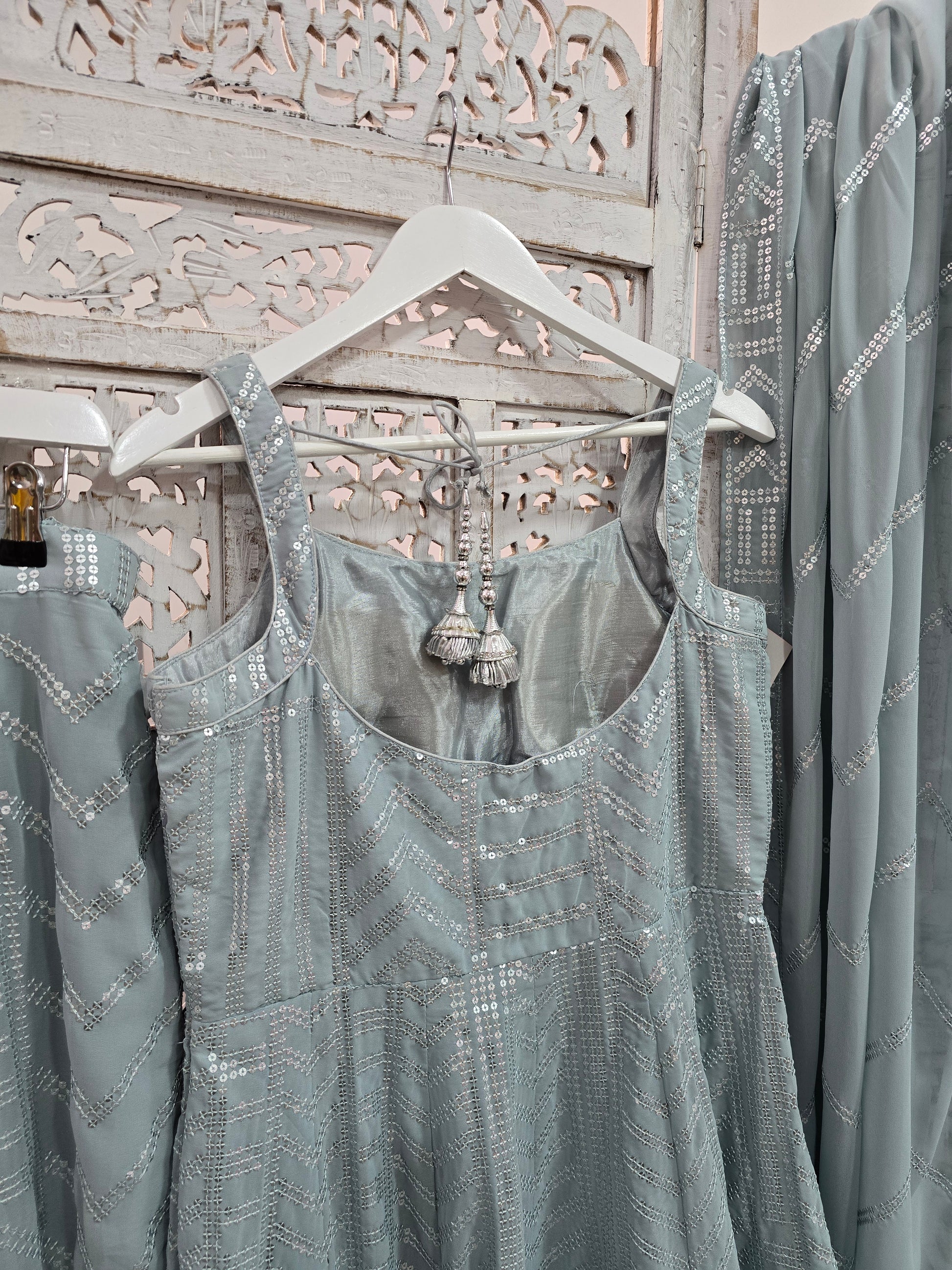 Dusky Blue Sequin Sharara Suit (Size 12)