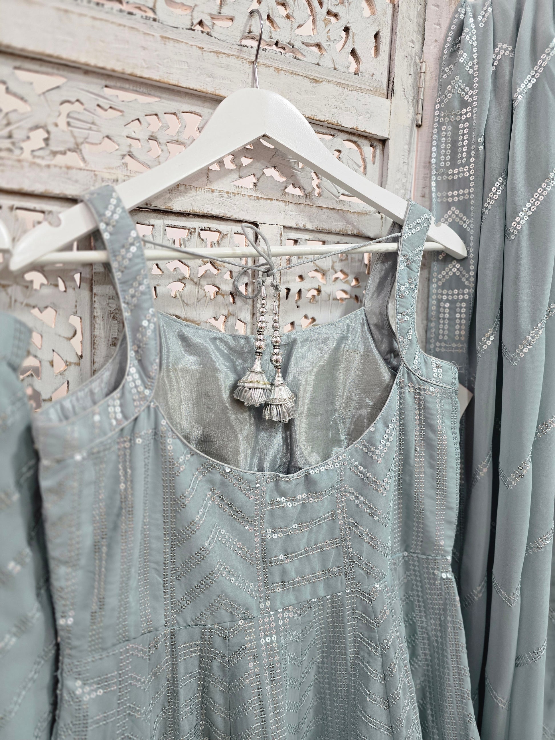 Dusky Blue Sequin Sharara Suit (Size 12)