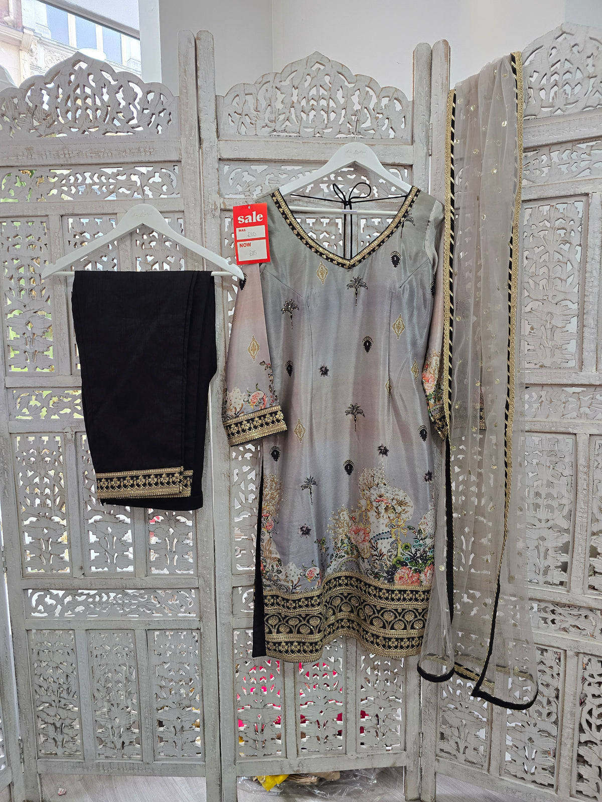 Grey Floral Trouser Suit (Size 12)