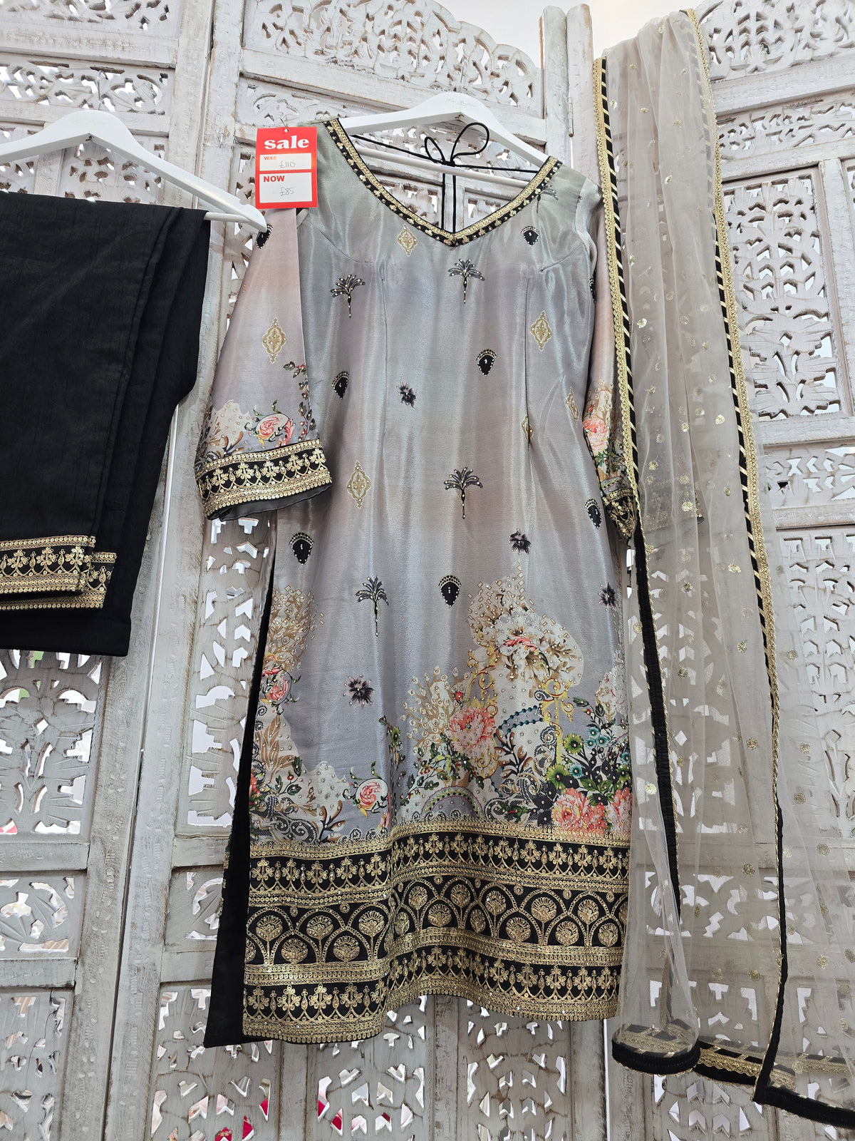 Grey Floral Trouser Suit (Size 12)