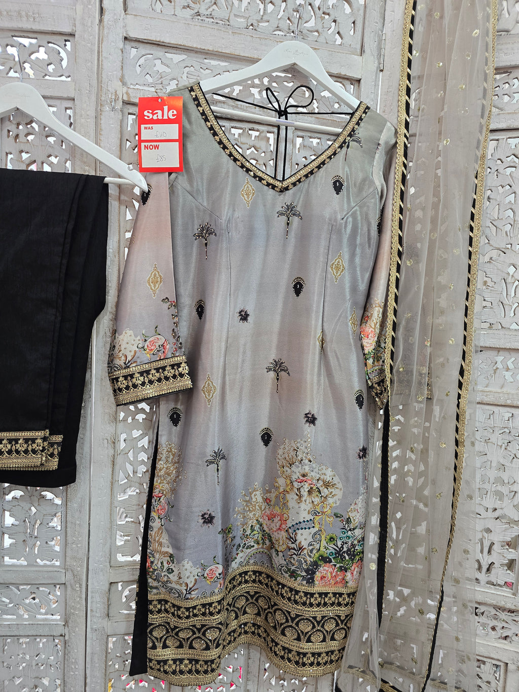 Grey Floral Trouser Suit (Size 12)