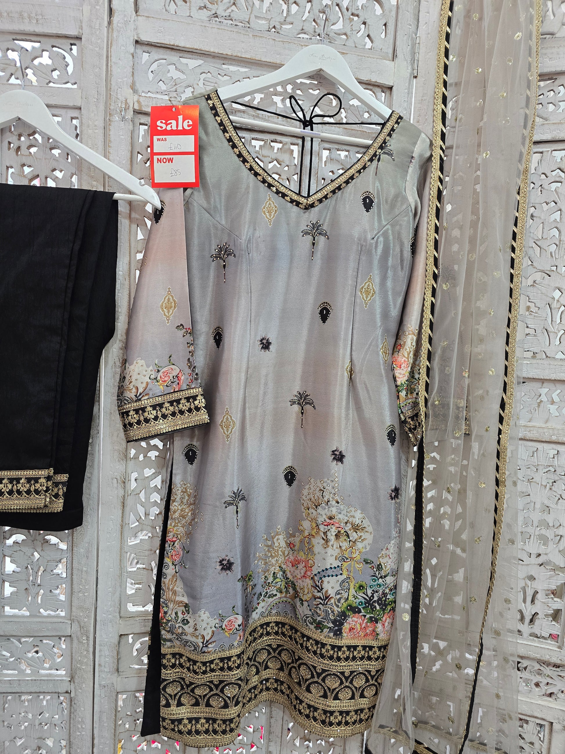 Grey Floral Trouser Suit (Size 12)