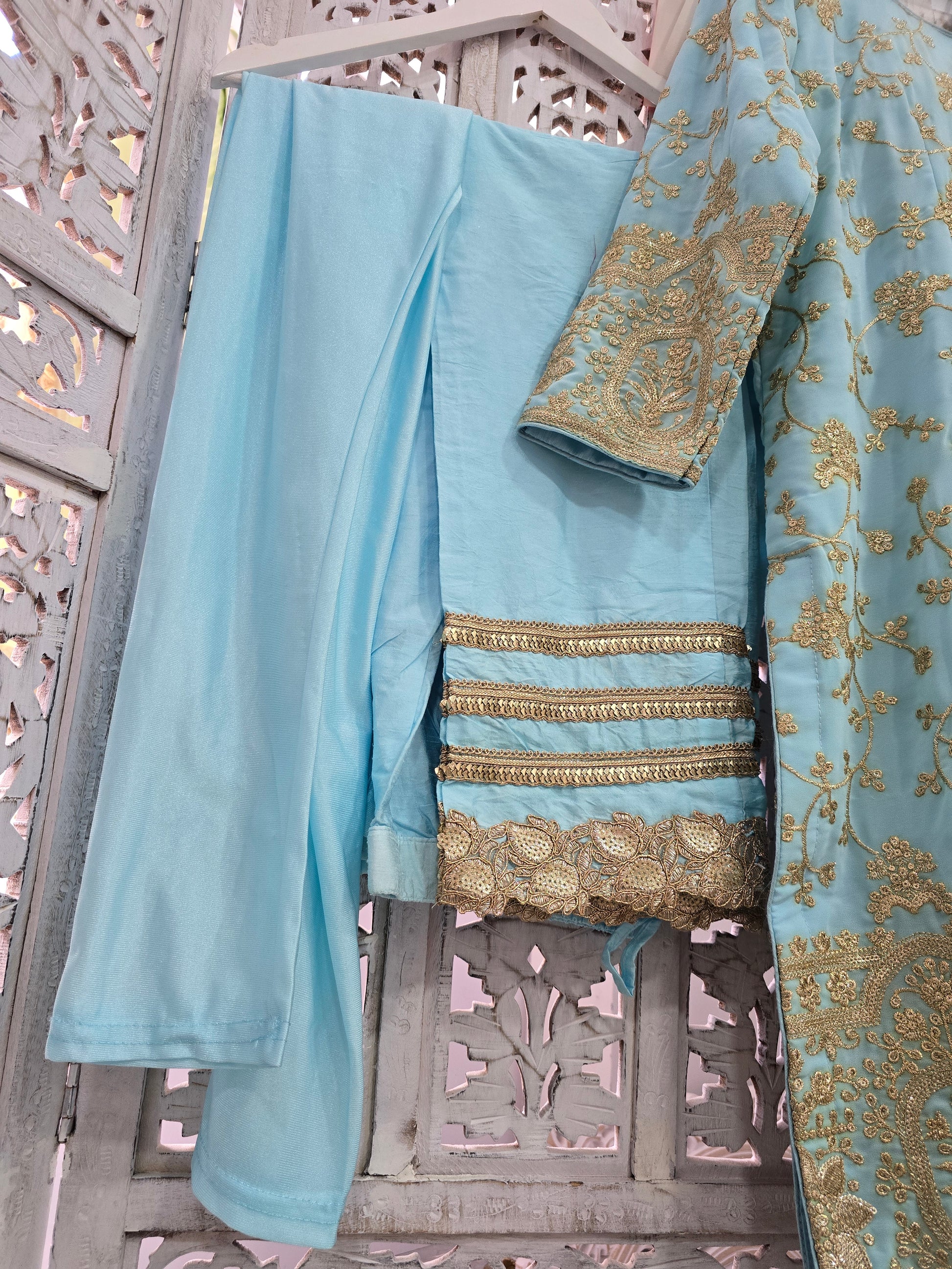 Sky Blue Embroidered Trouser Suit (Size 16)