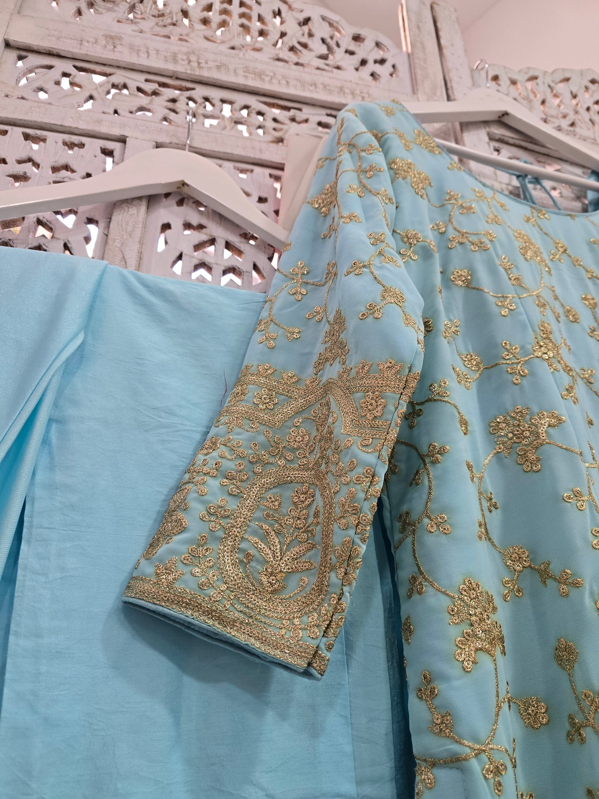 Sky Blue Embroidered Trouser Suit (Size 16)