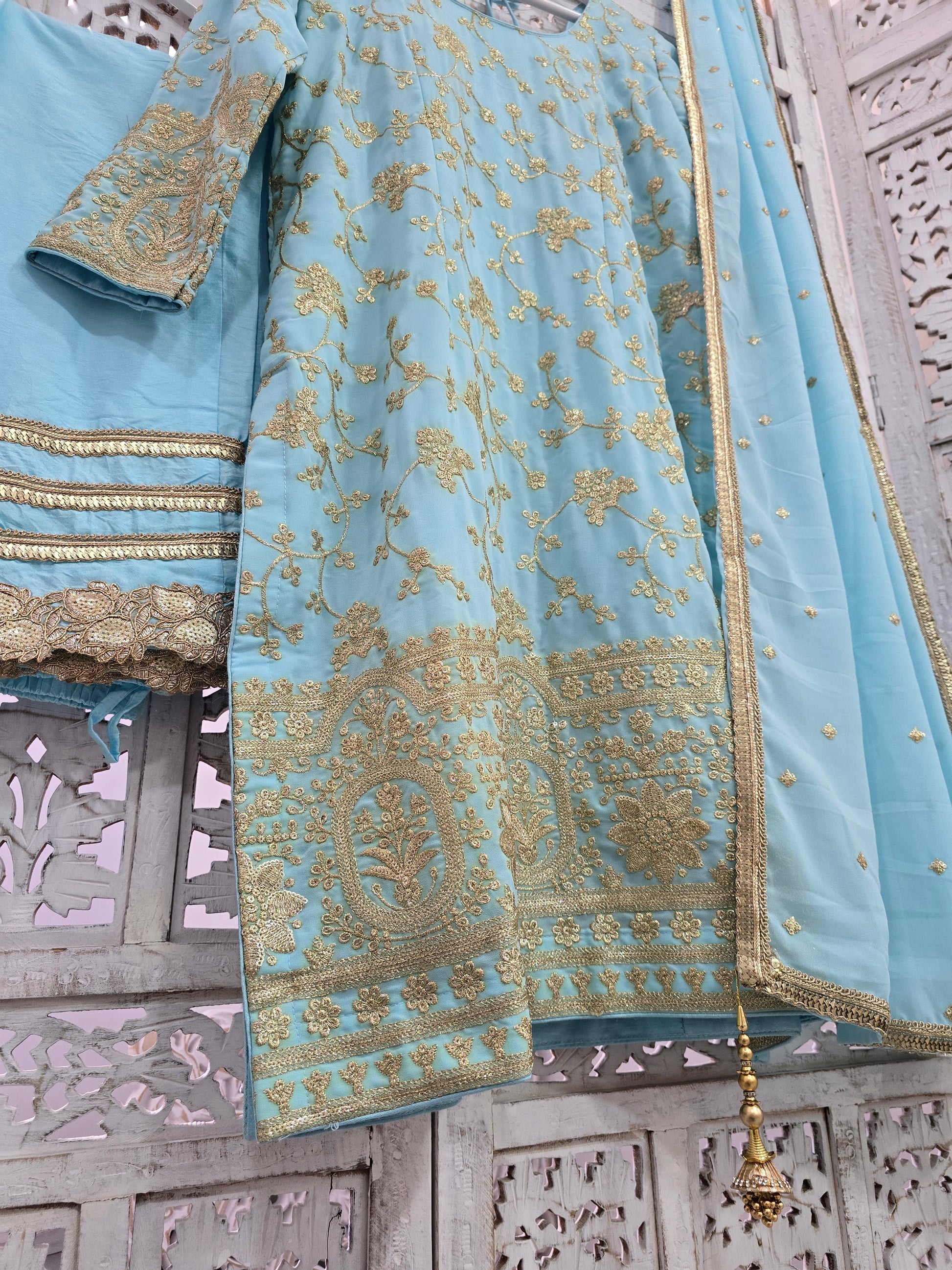 Sky Blue Embroidered Trouser Suit (Size 16)