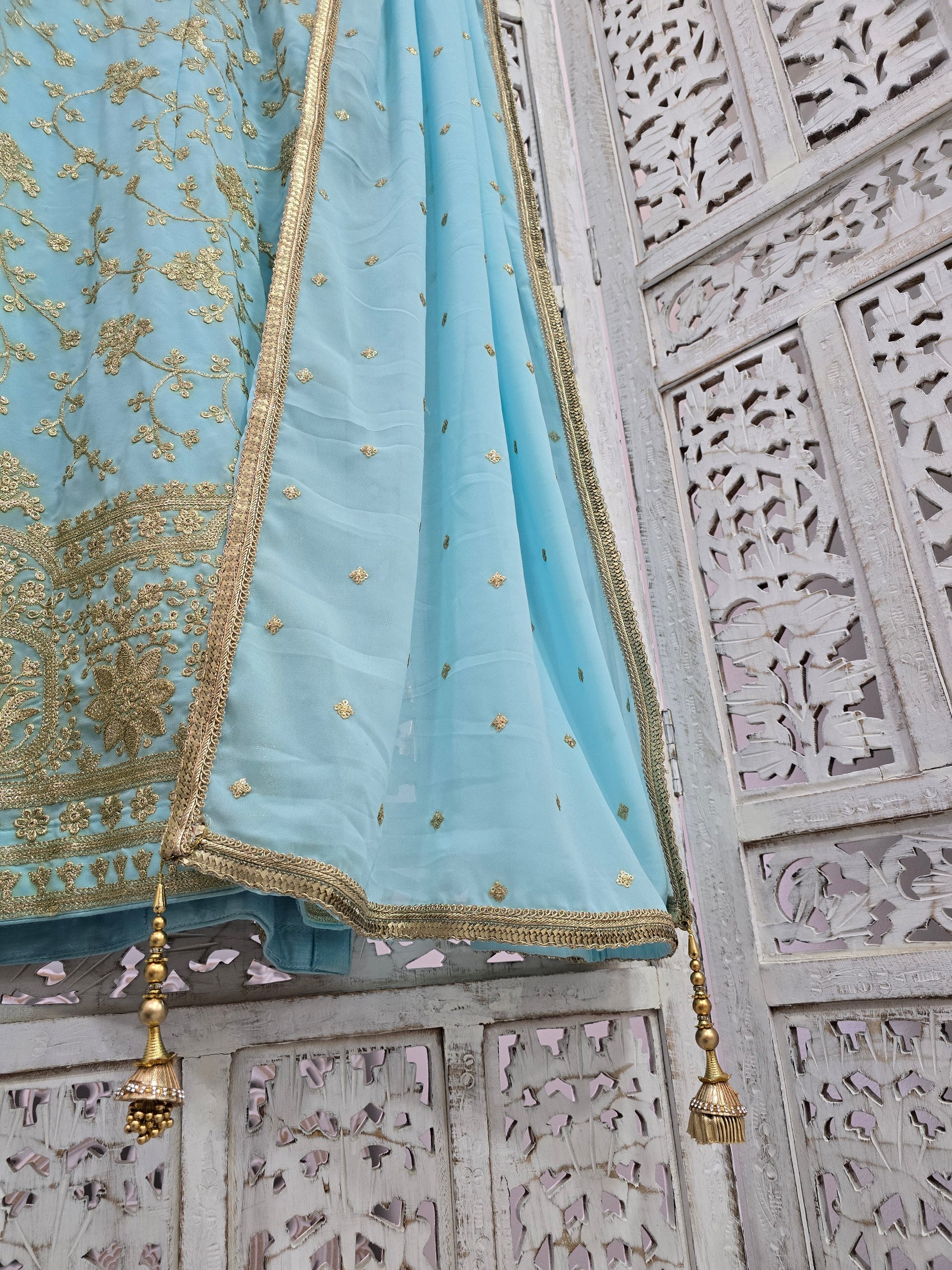 Sky Blue Embroidered Trouser Suit (Size 16)