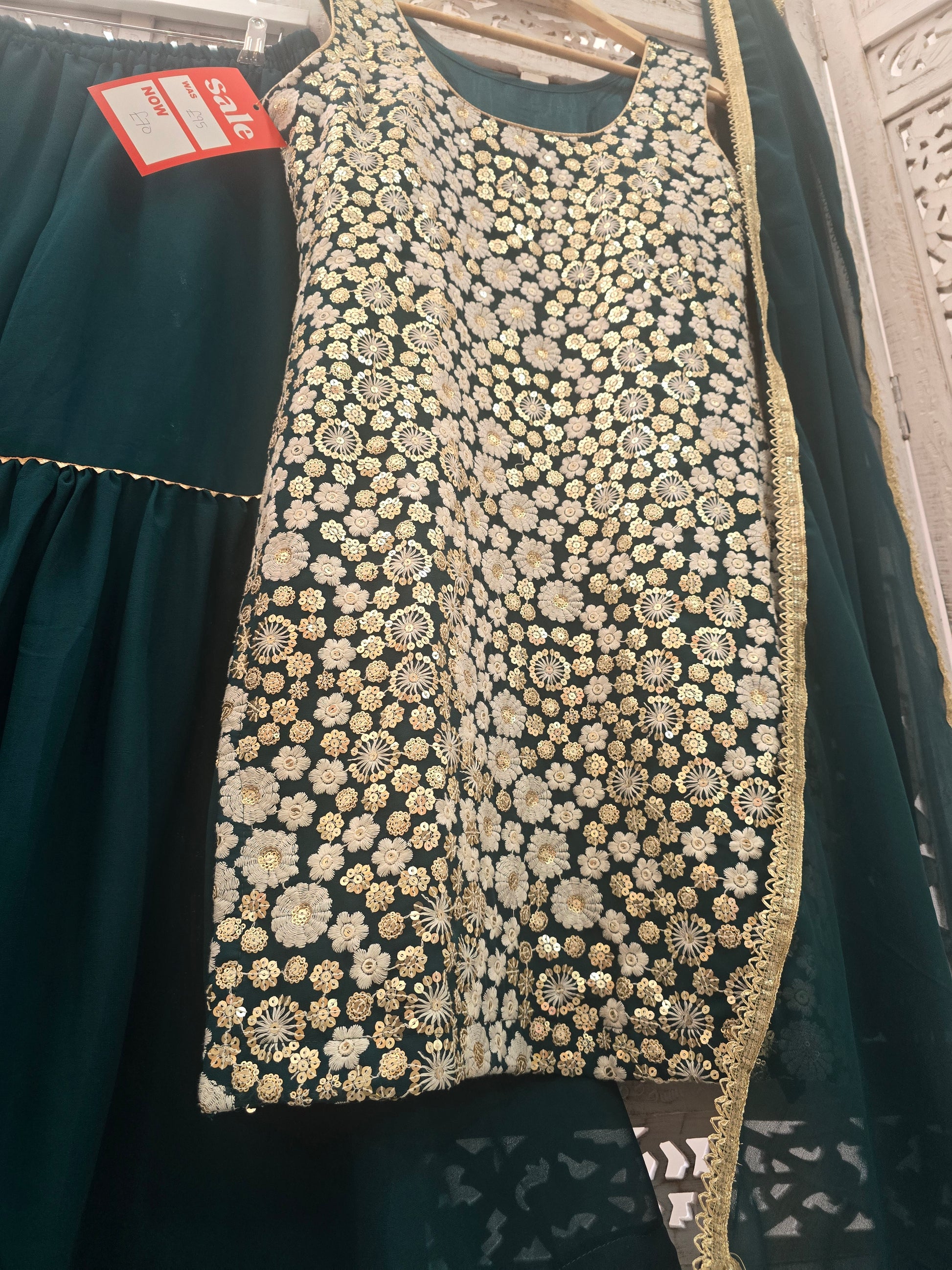 Dark Green & White Embroidered Gharara Suit (Size 10-12)