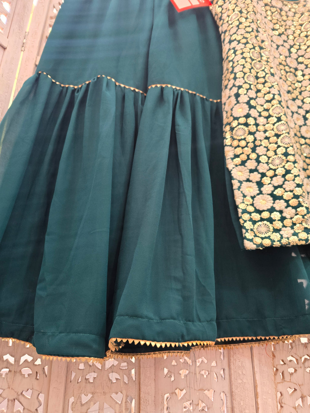 Dark Green & White Embroidered Gharara Suit (Size 10-12)