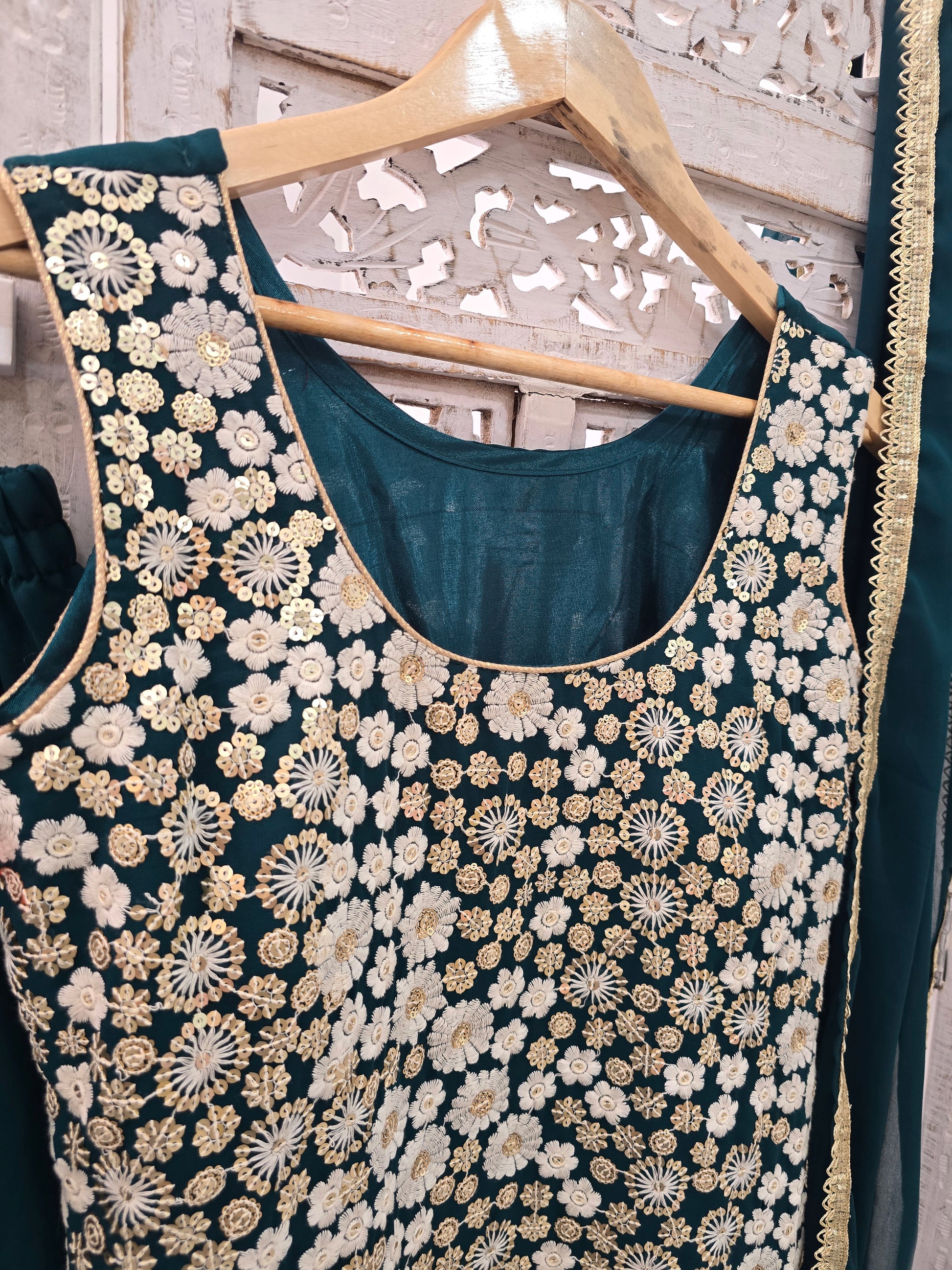 Dark Green & White Embroidered Gharara Suit (Size 10-12)