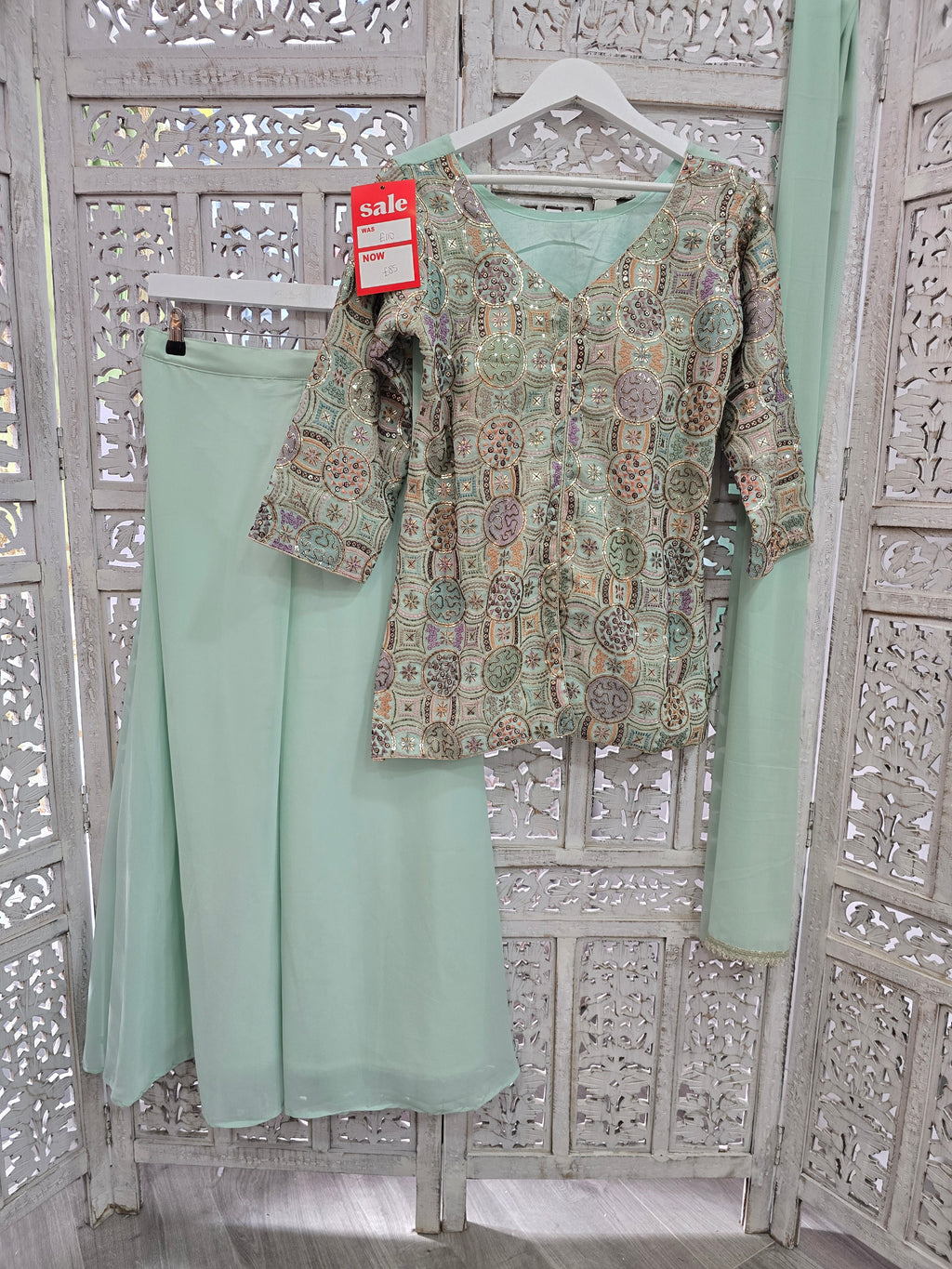 Mint Multicolour Embroidered Sharara Suit (Size 10-12)