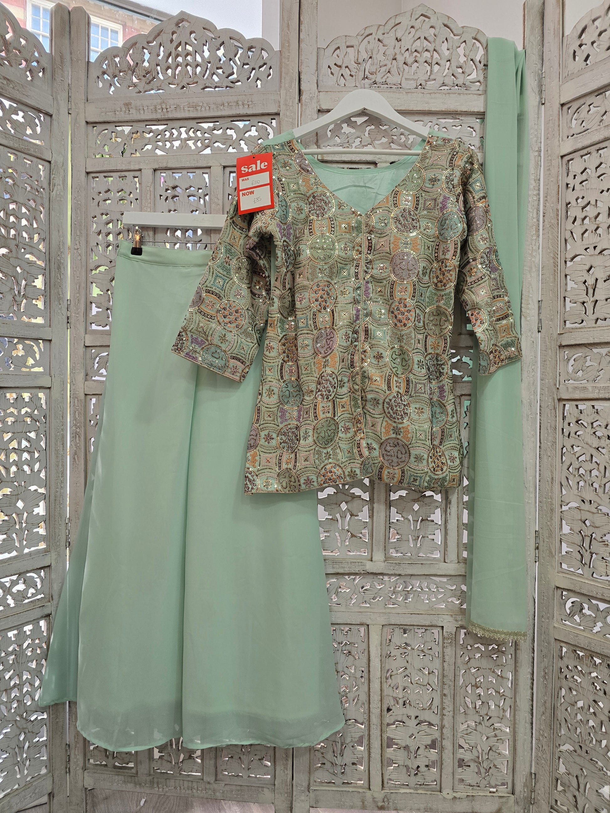 Mint Multicolour Embroidered Sharara Suit (Size 10-12)