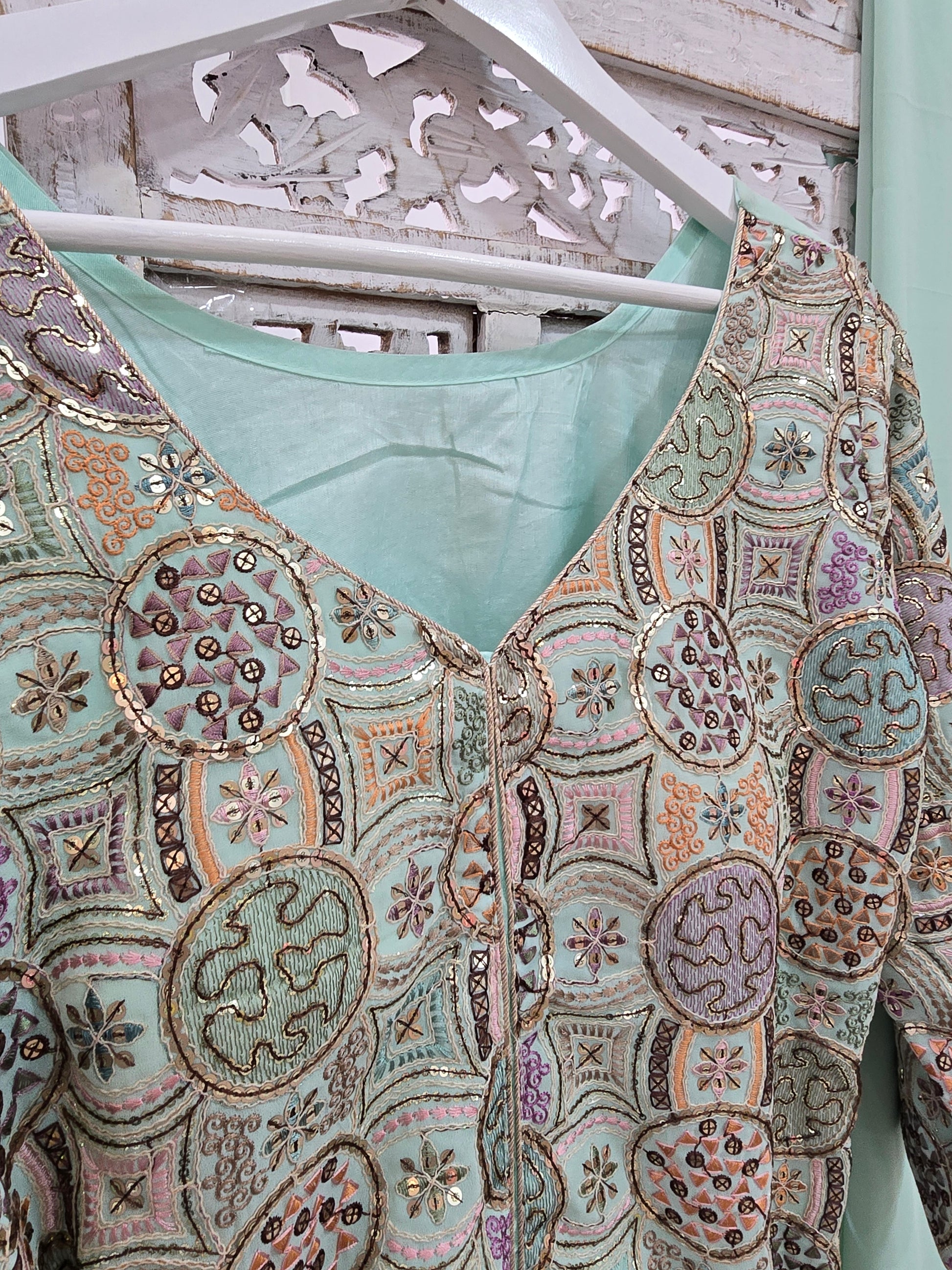 Mint Multicolour Embroidered Sharara Suit (Size 10-12)
