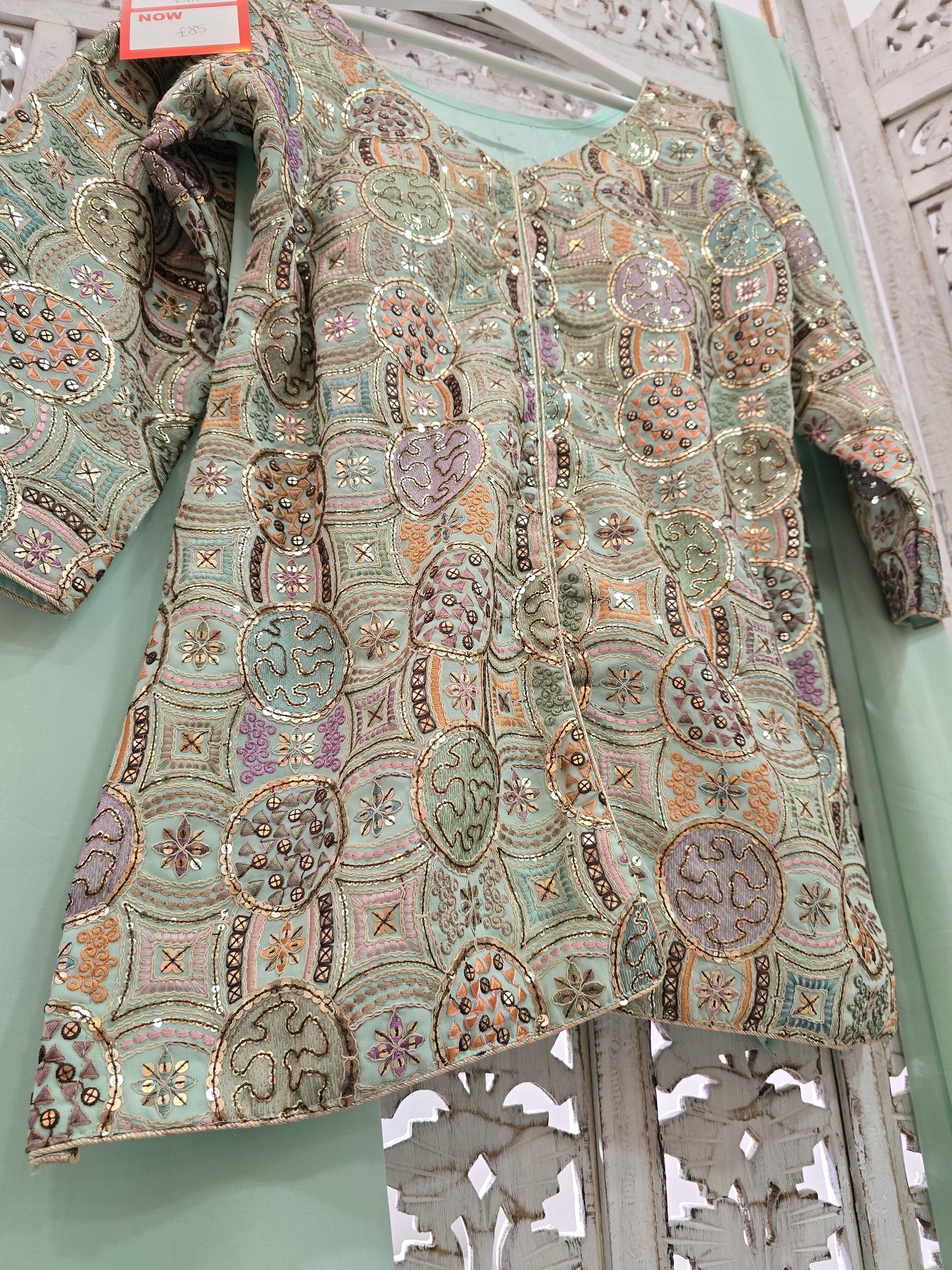 Mint Multicolour Embroidered Sharara Suit (Size 10-12)