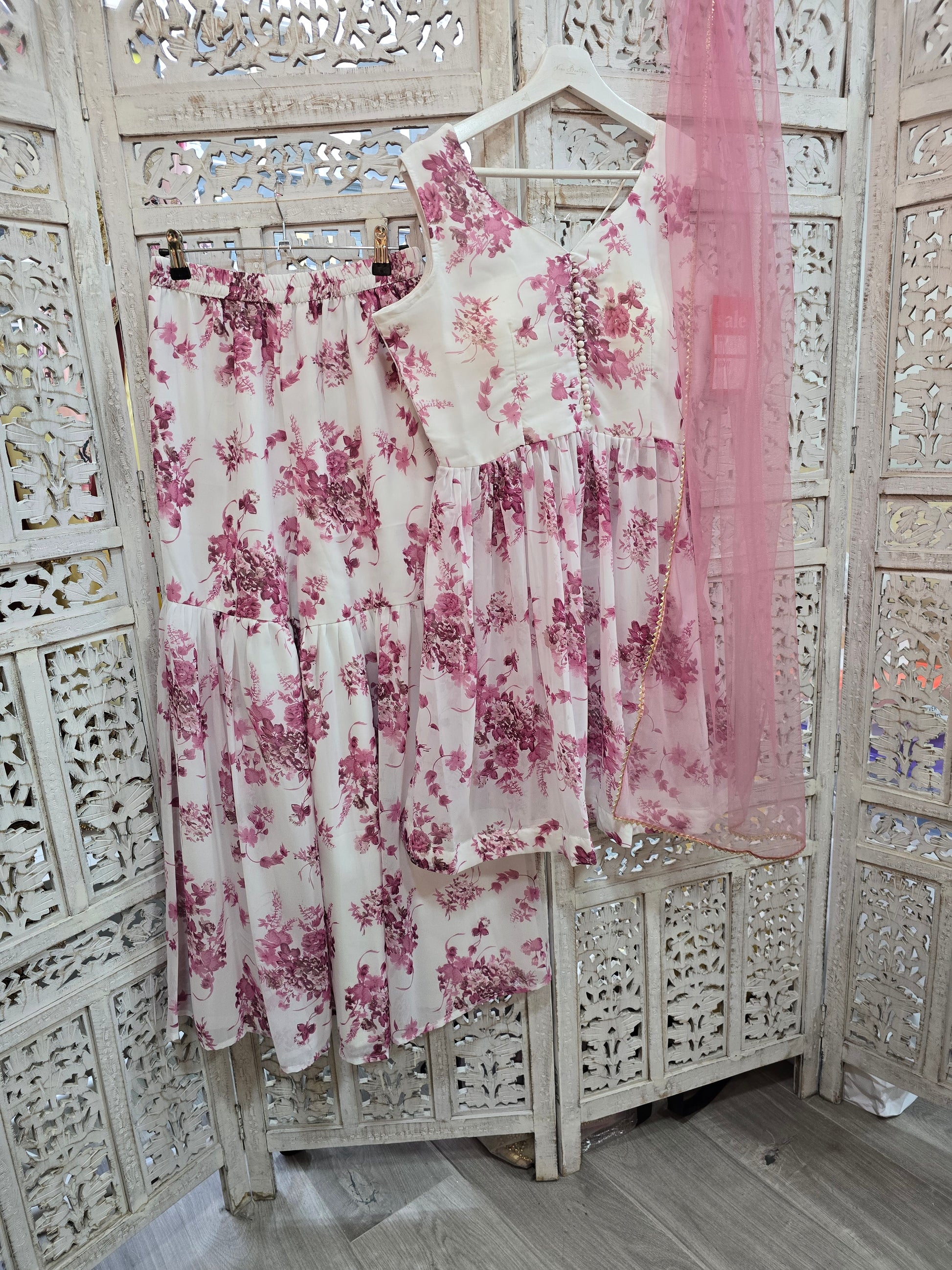 Violet & White Floral Print Gharara Suit (Size 10-12)