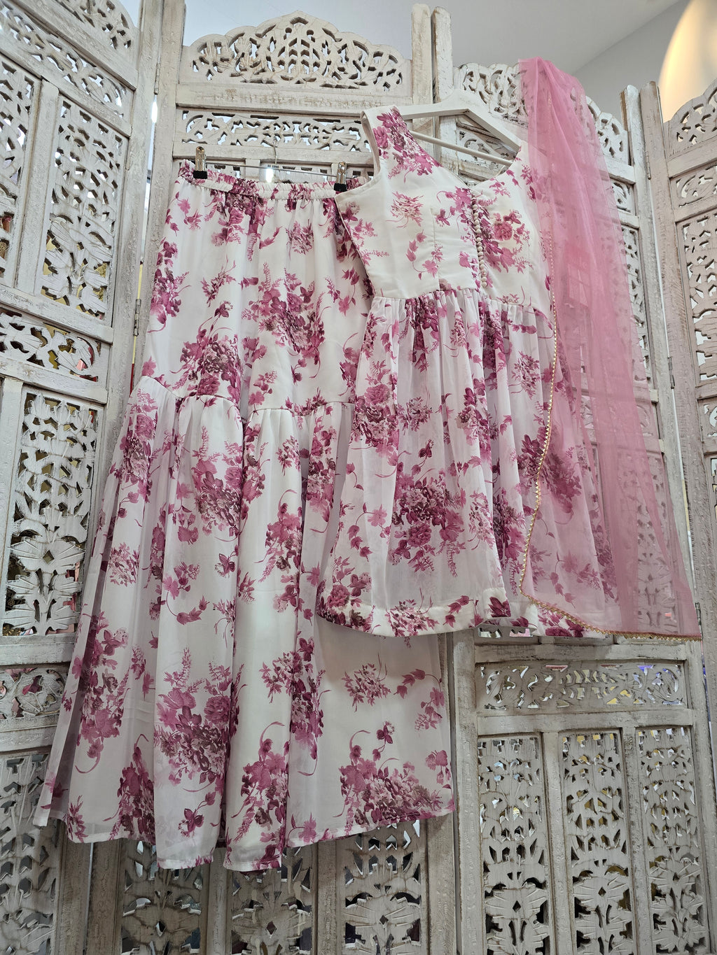 Violet & White Floral Print Gharara Suit (Size 10-12)