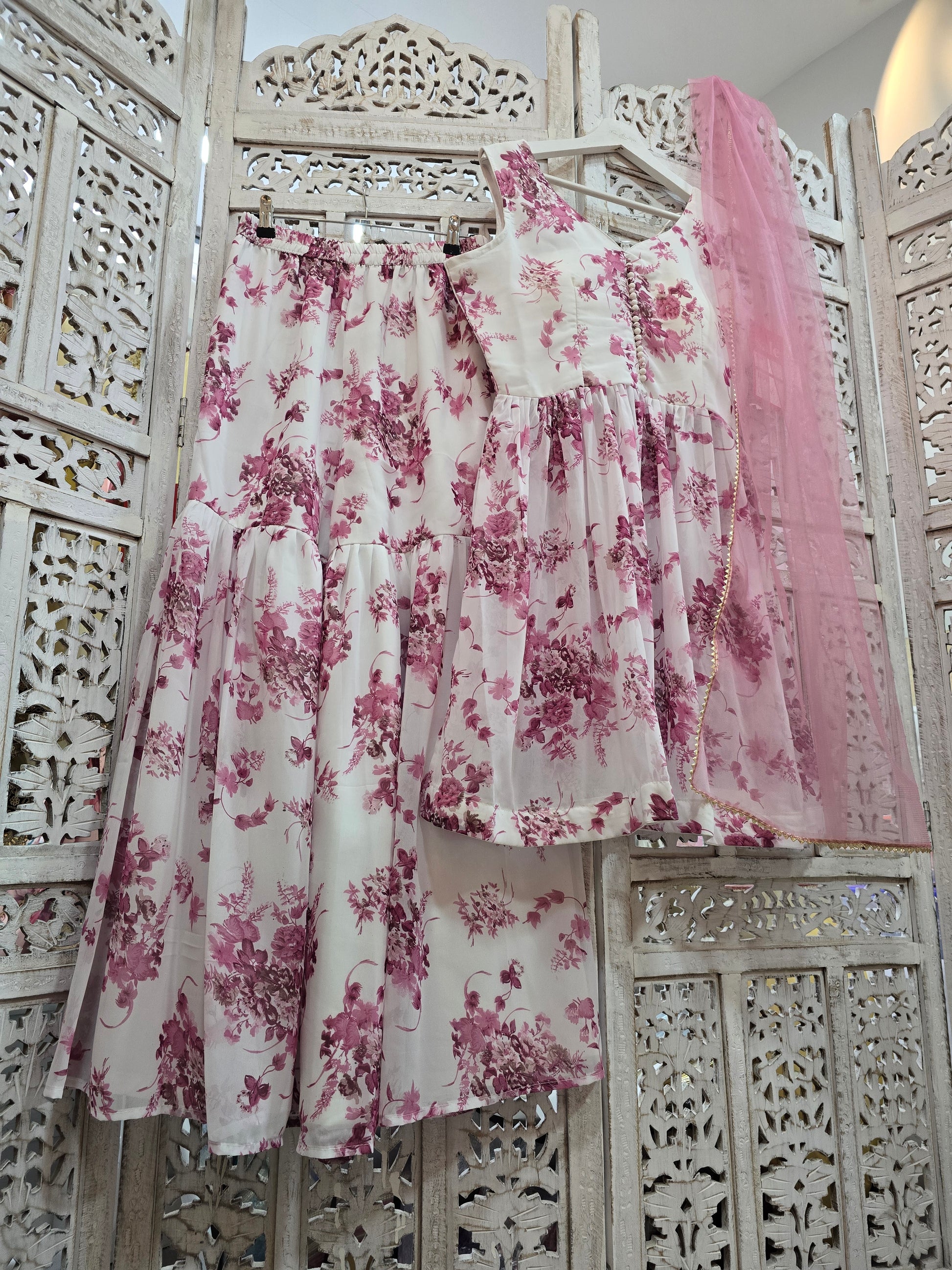 Violet & White Floral Print Gharara Suit (Size 10-12)