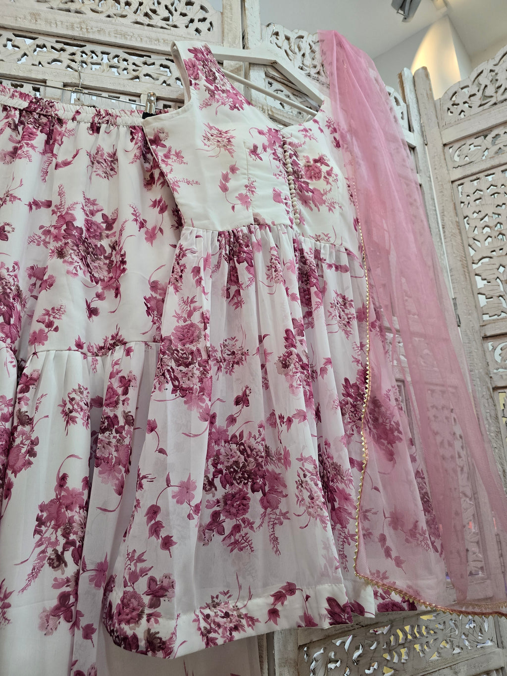 Violet & White Floral Print Gharara Suit (Size 10-12)