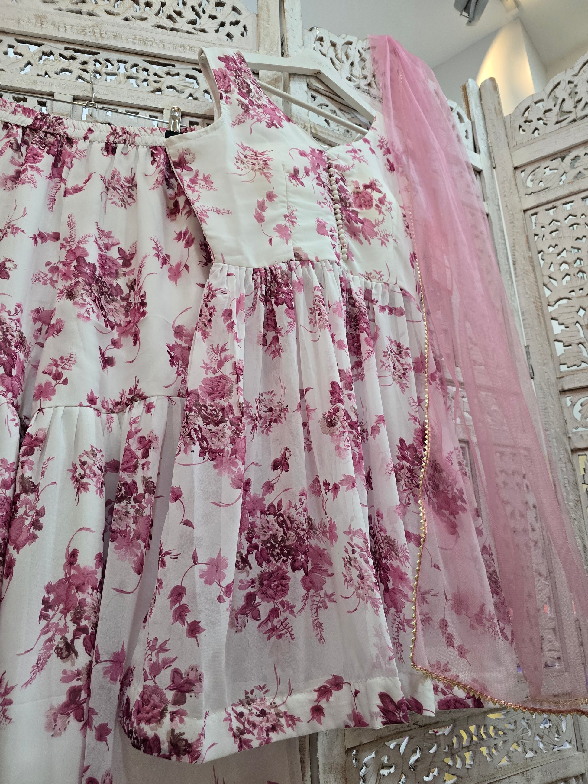 Violet & White Floral Print Gharara Suit (Size 10-12)