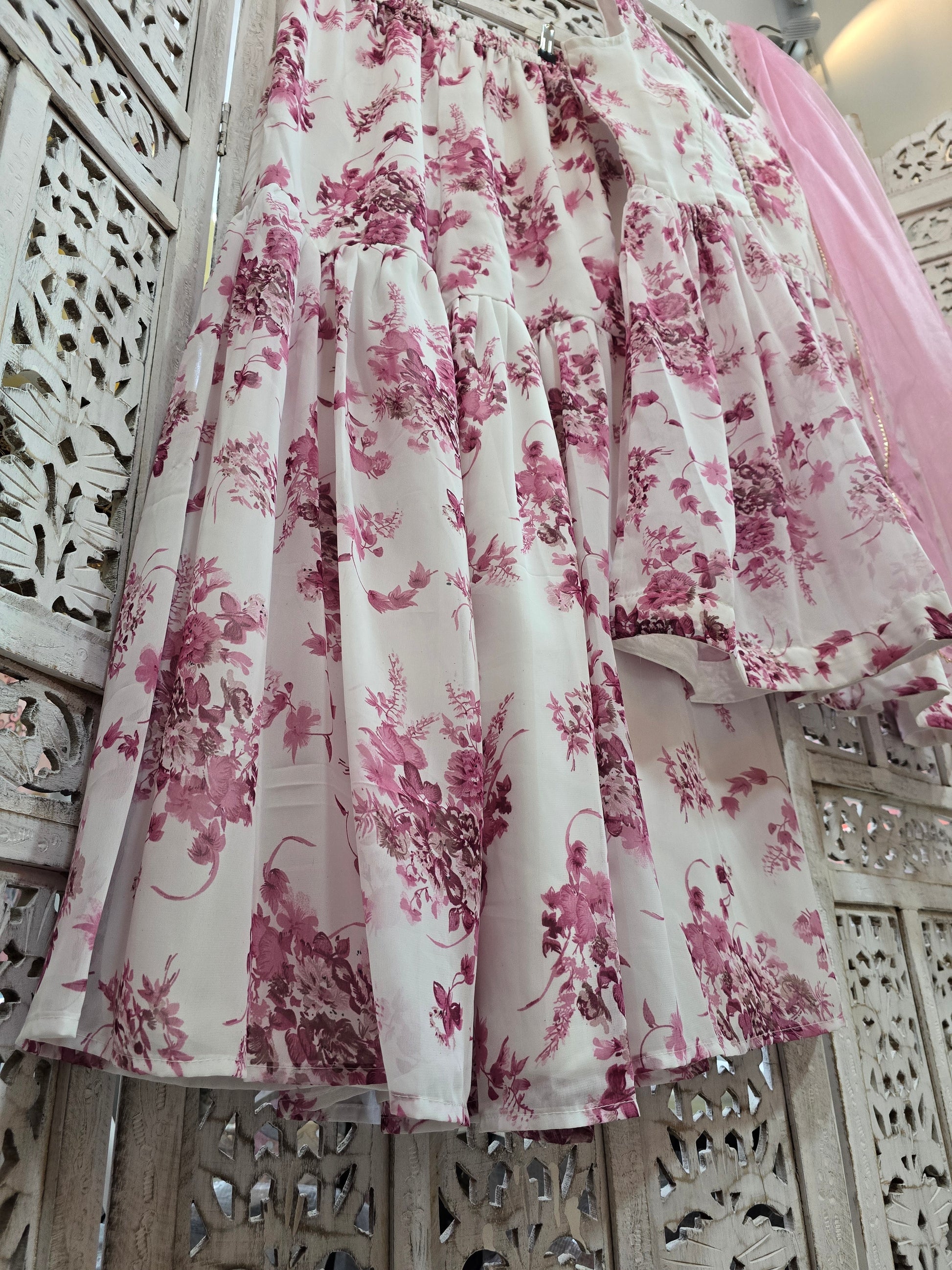 Violet & White Floral Print Gharara Suit (Size 10-12)