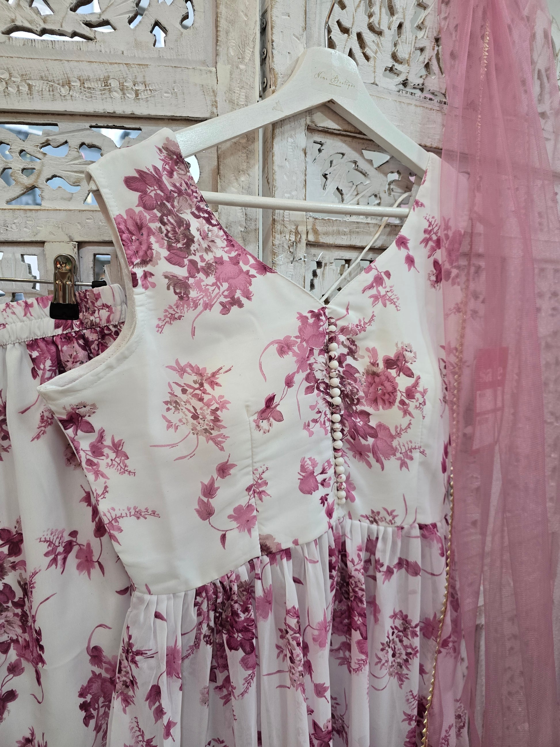 Violet & White Floral Print Gharara Suit (Size 10-12)