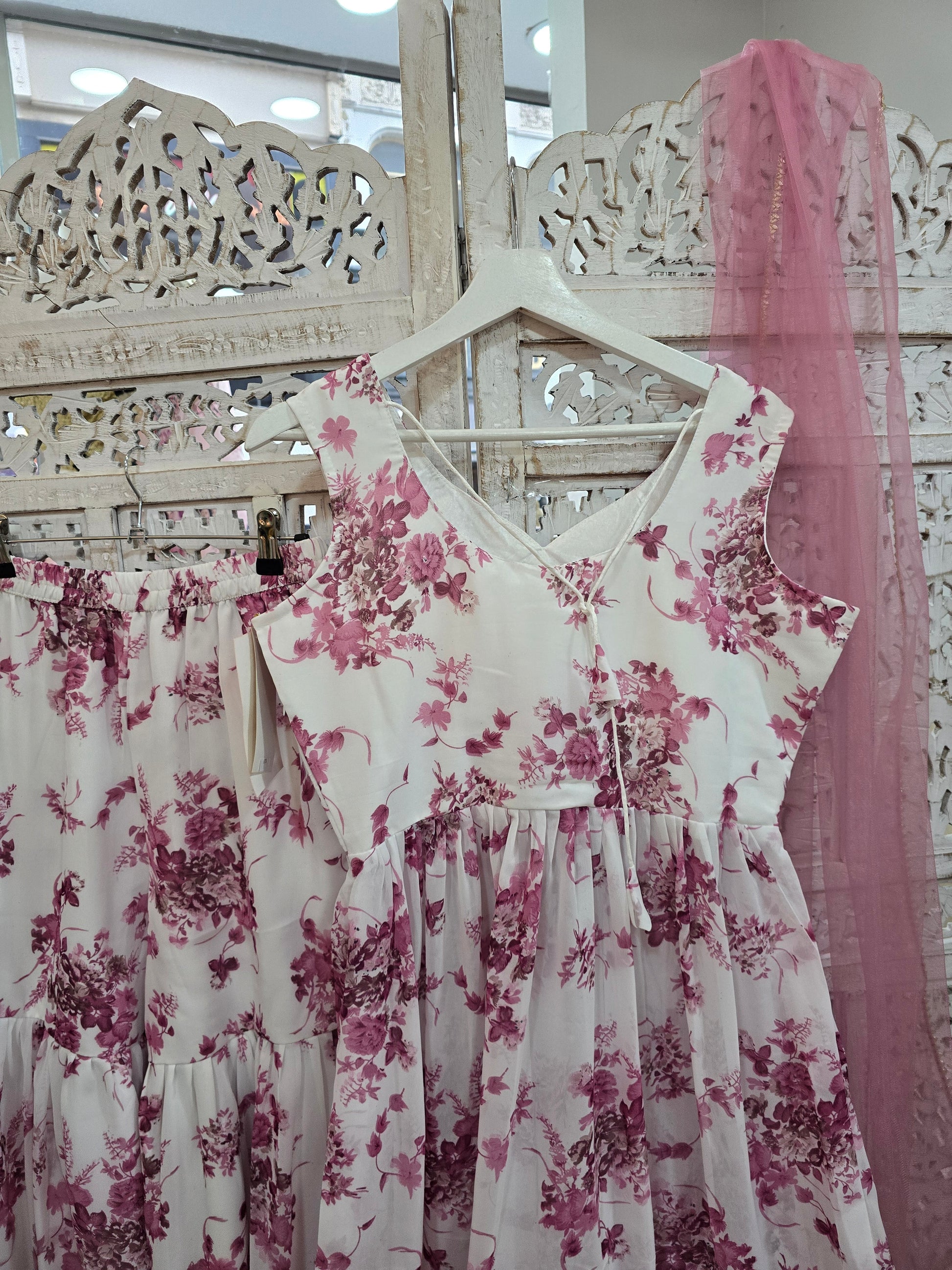 Violet & White Floral Print Gharara Suit (Size 10-12)