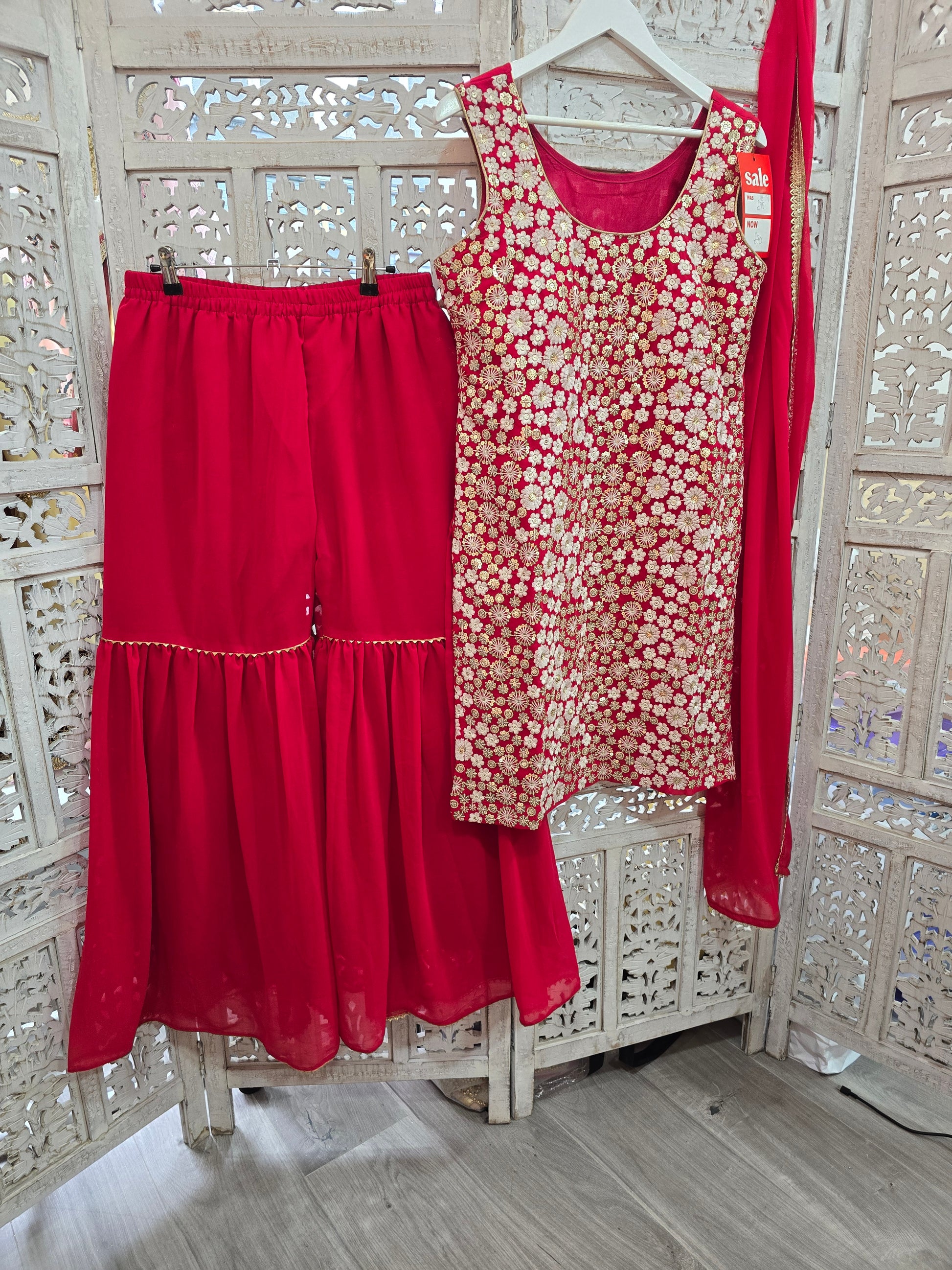 Deep Pink & White Embroidered Gharara Suit (Size 10-12)