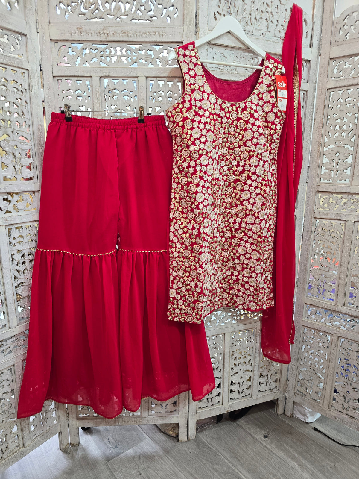 Deep Pink & White Embroidered Gharara Suit (Size 10-12)