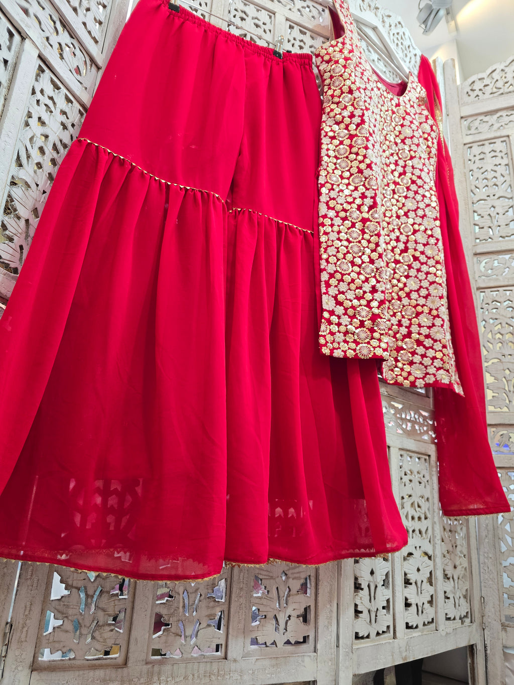 Deep Pink & White Embroidered Gharara Suit (Size 10-12)