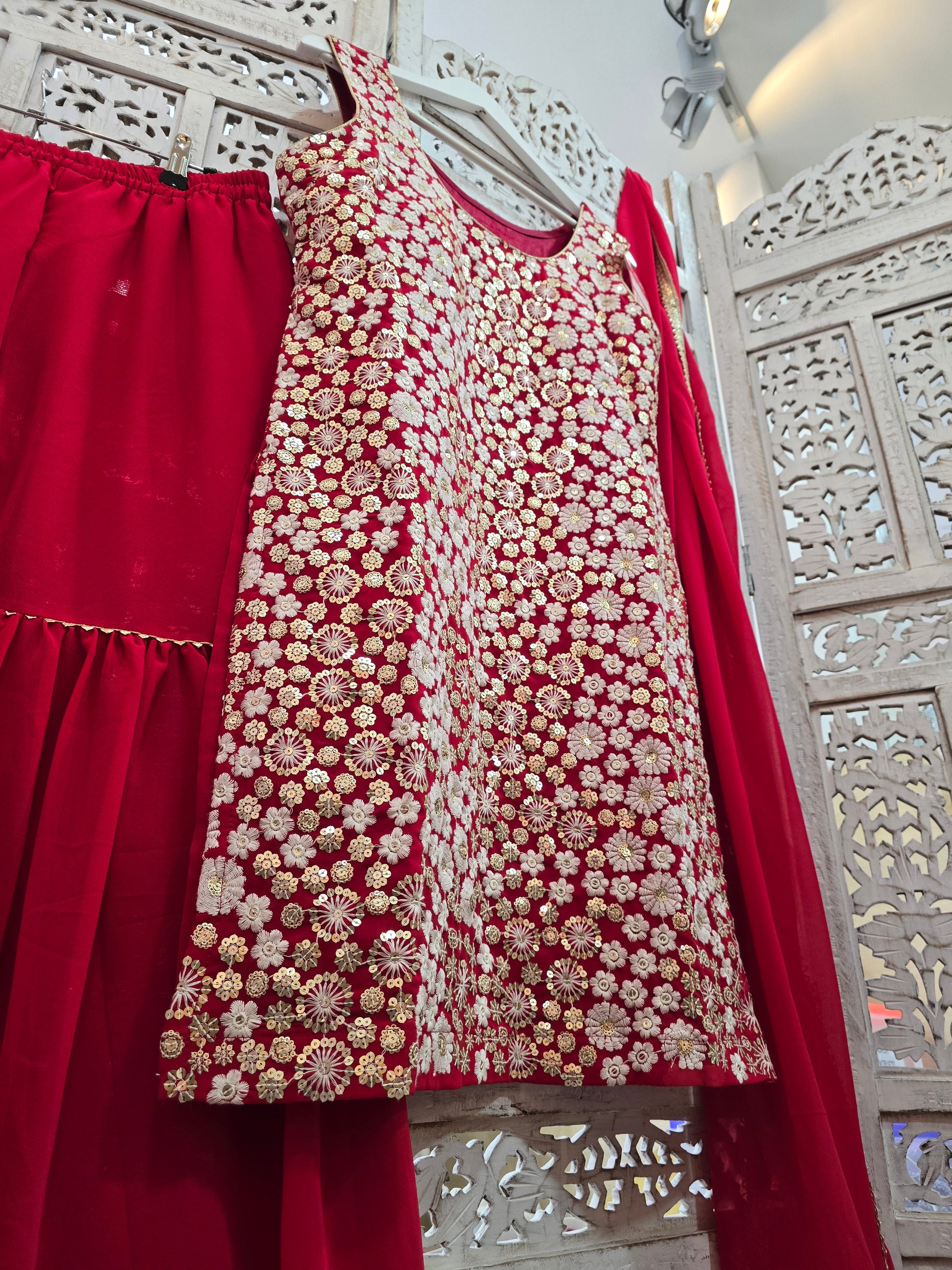 Deep Pink & White Embroidered Gharara Suit (Size 10-12)