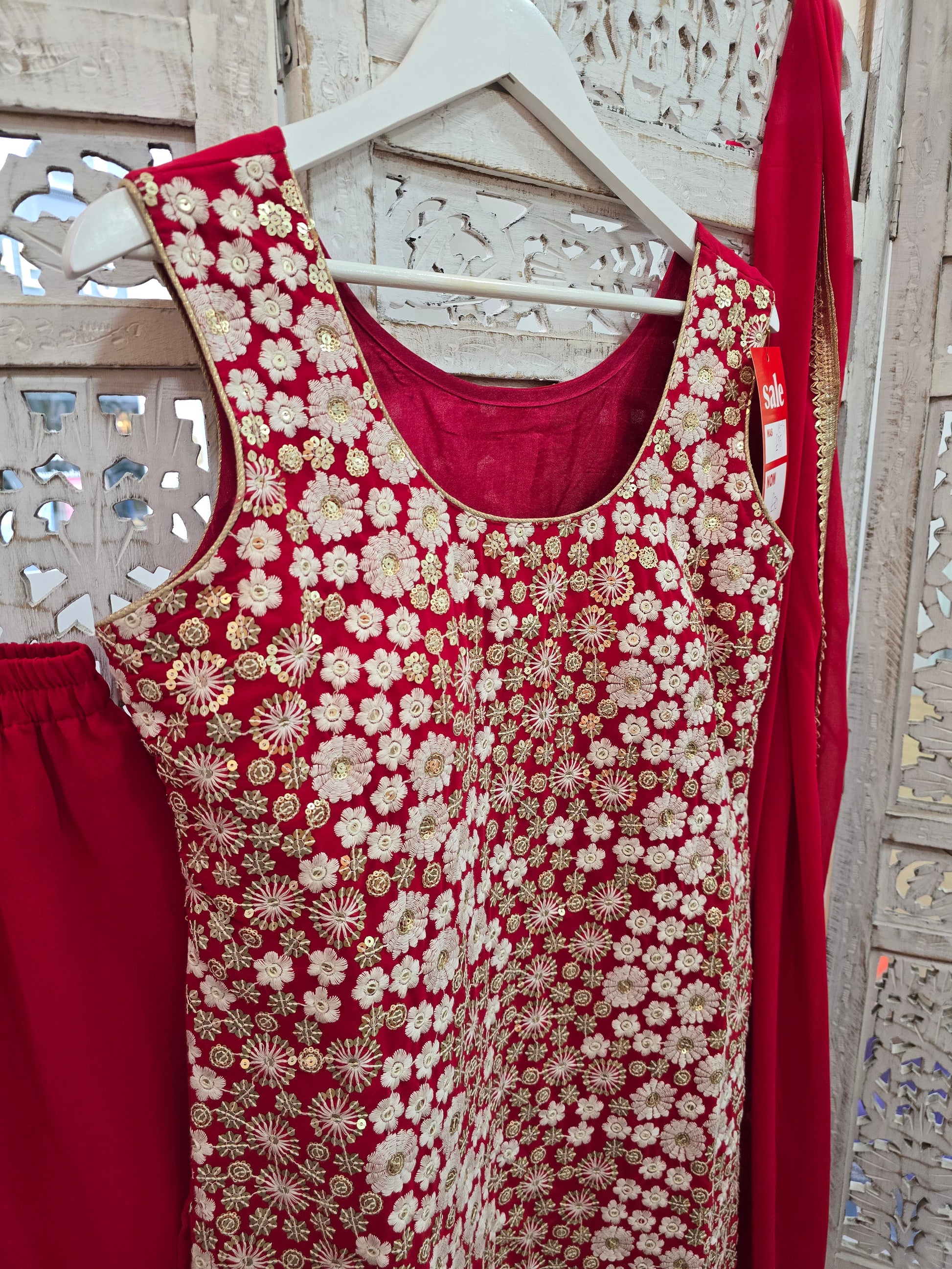 Deep Pink & White Embroidered Gharara Suit (Size 10-12)