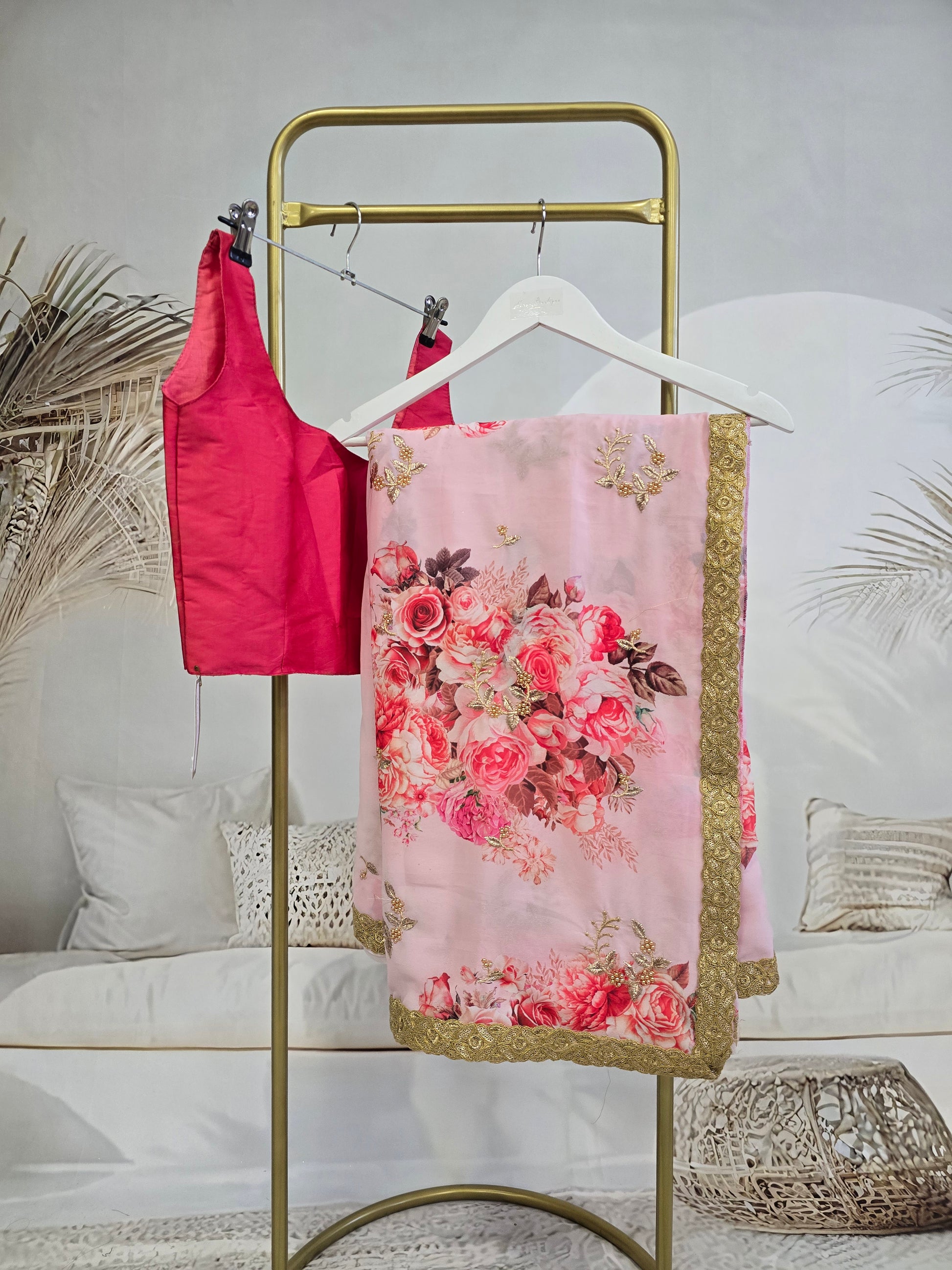 La Floraison Pink Floral Georgette Saree