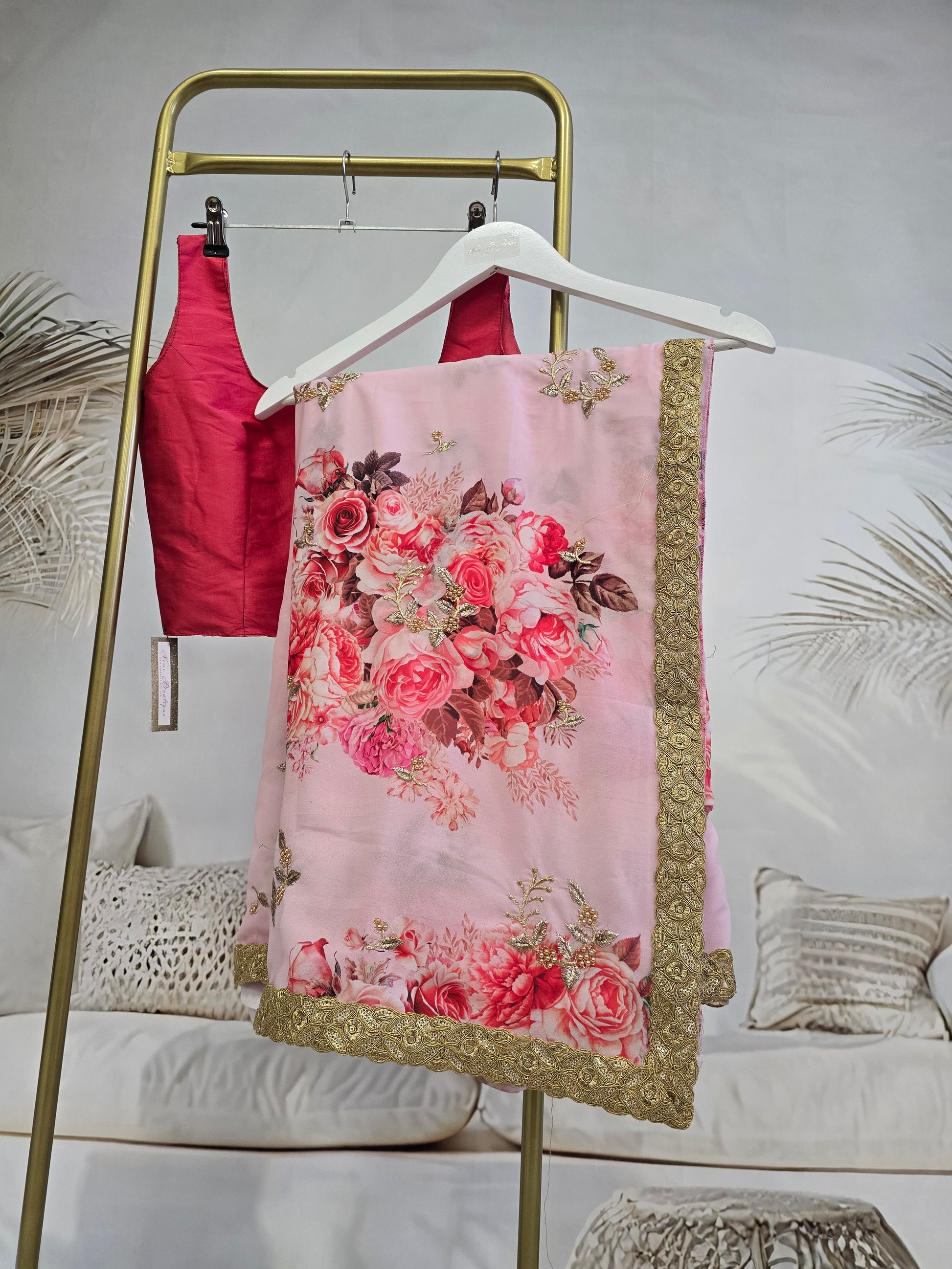 La Floraison Pink Floral Georgette Saree