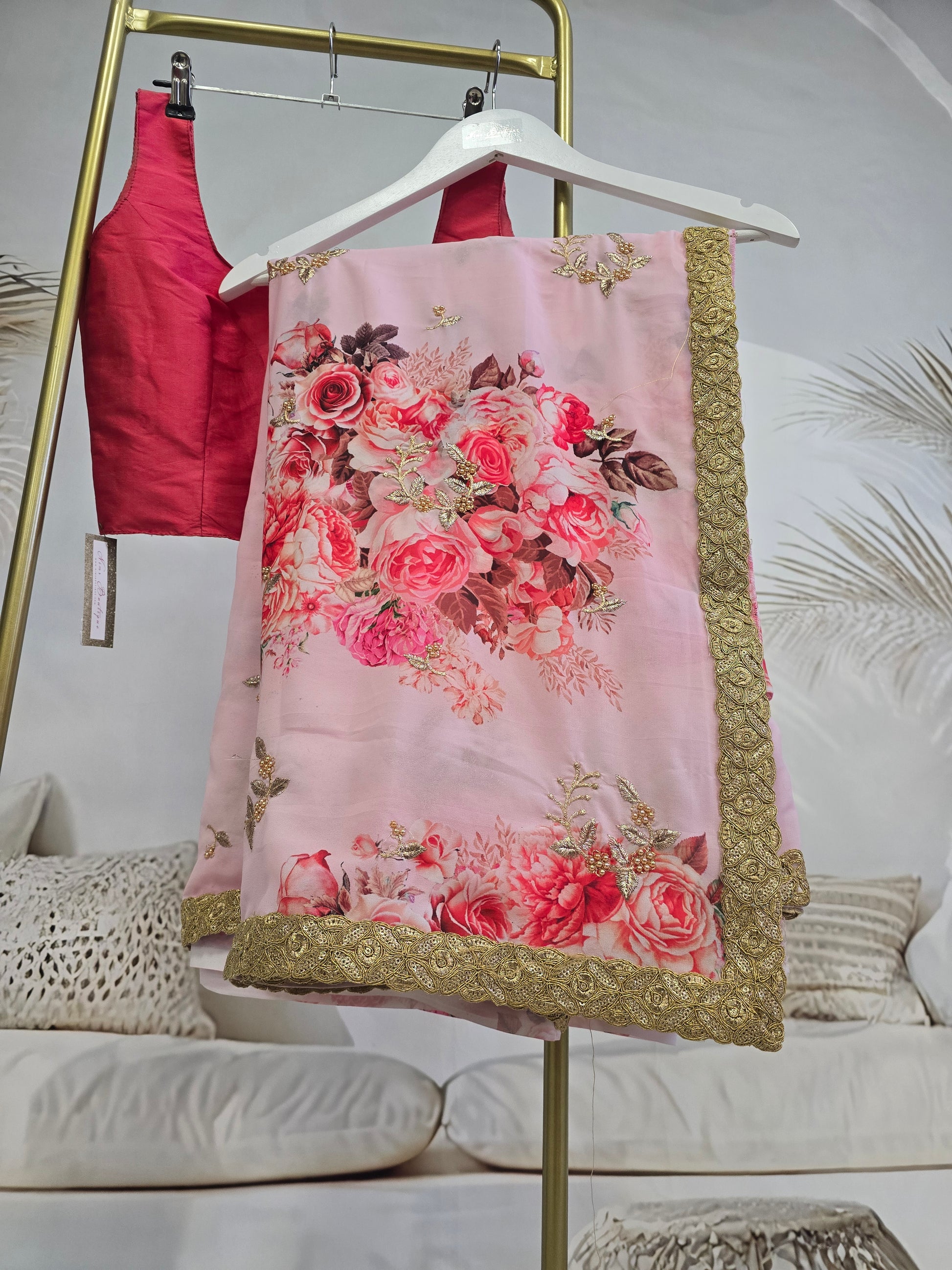 La Floraison Pink Floral Georgette Saree