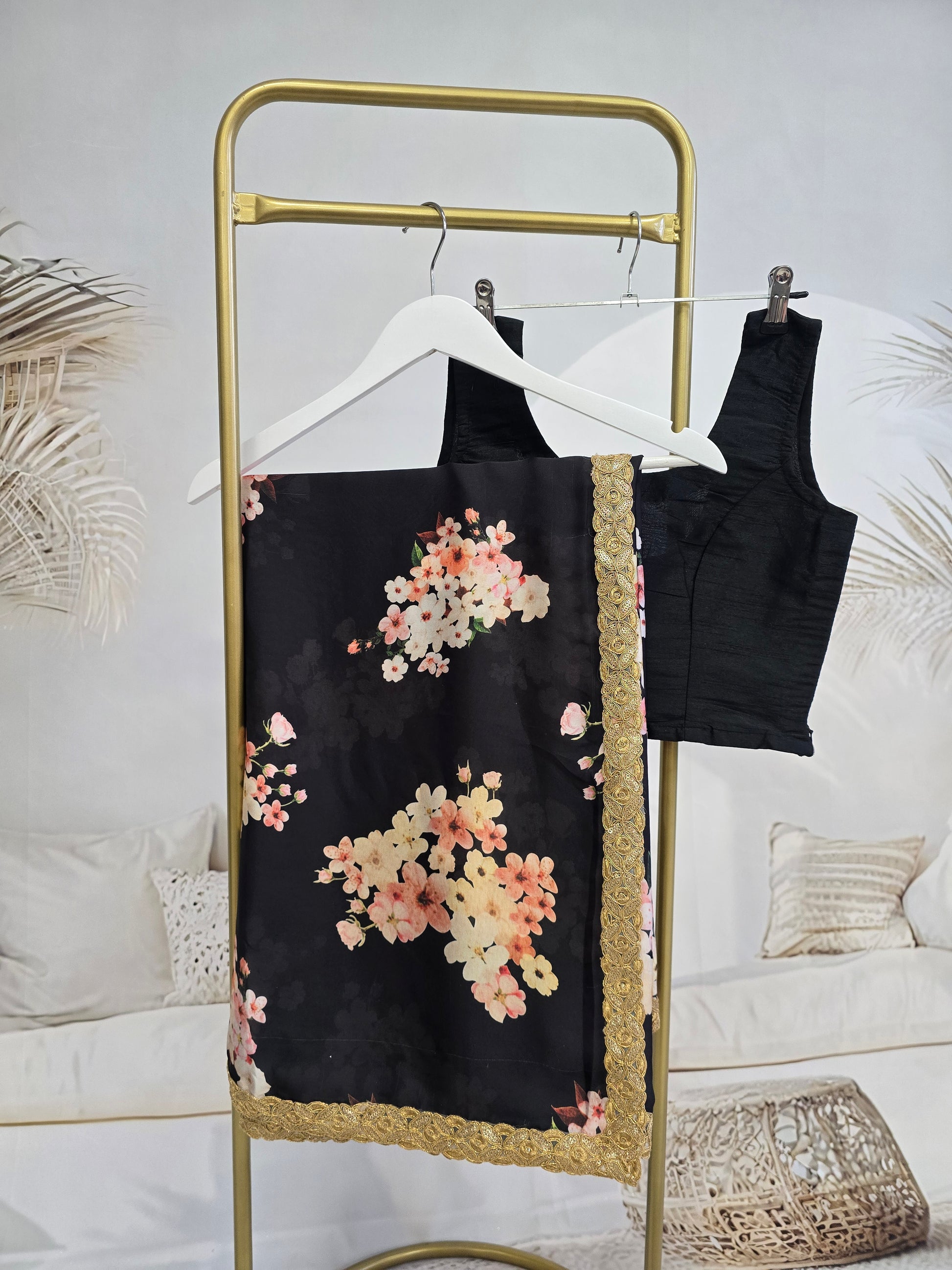 La Floraison Black Floral Satin Saree