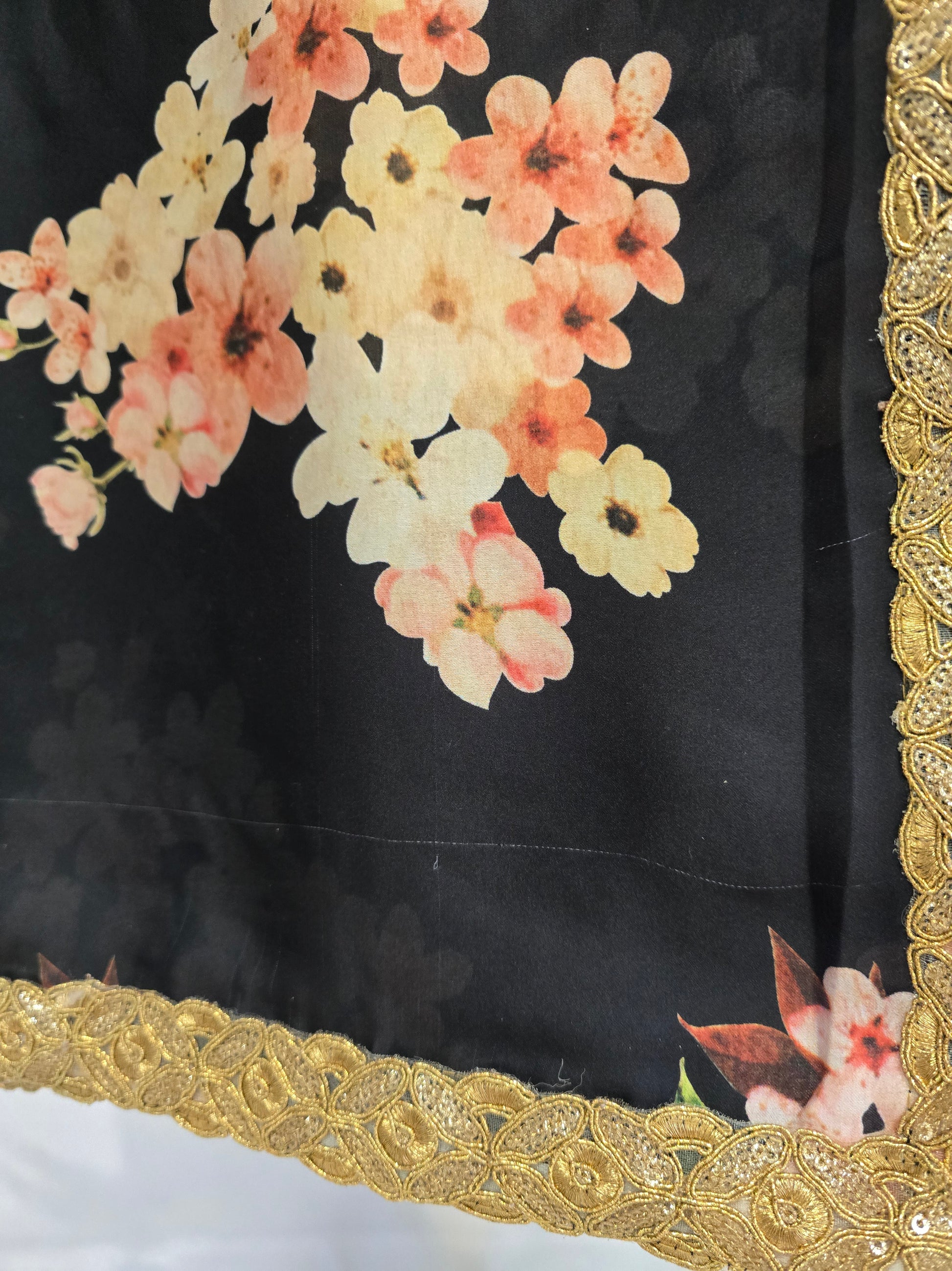 La Floraison Black Floral Satin Saree