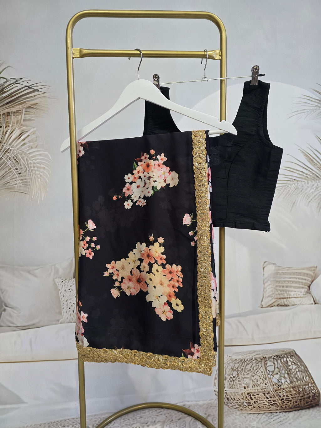 La Floraison Black Floral Satin Saree