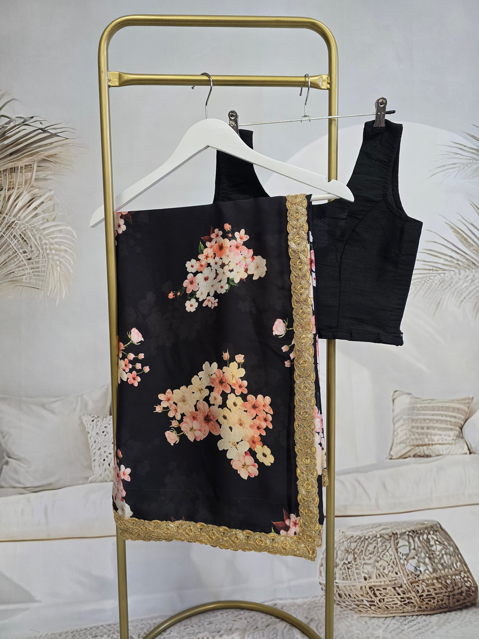 La Floraison Black Floral Satin Saree