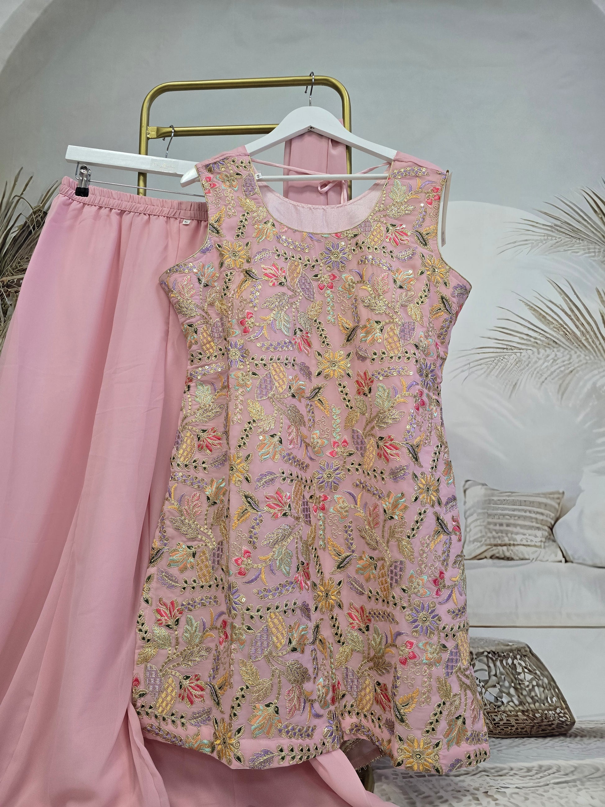 Pink Embroidered Sharara Suit (Size 16-22)