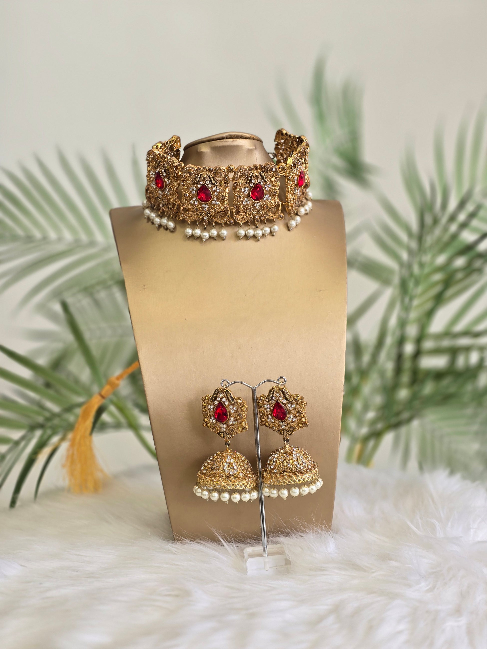 Red Stone & Pearl Maharani Choker Set