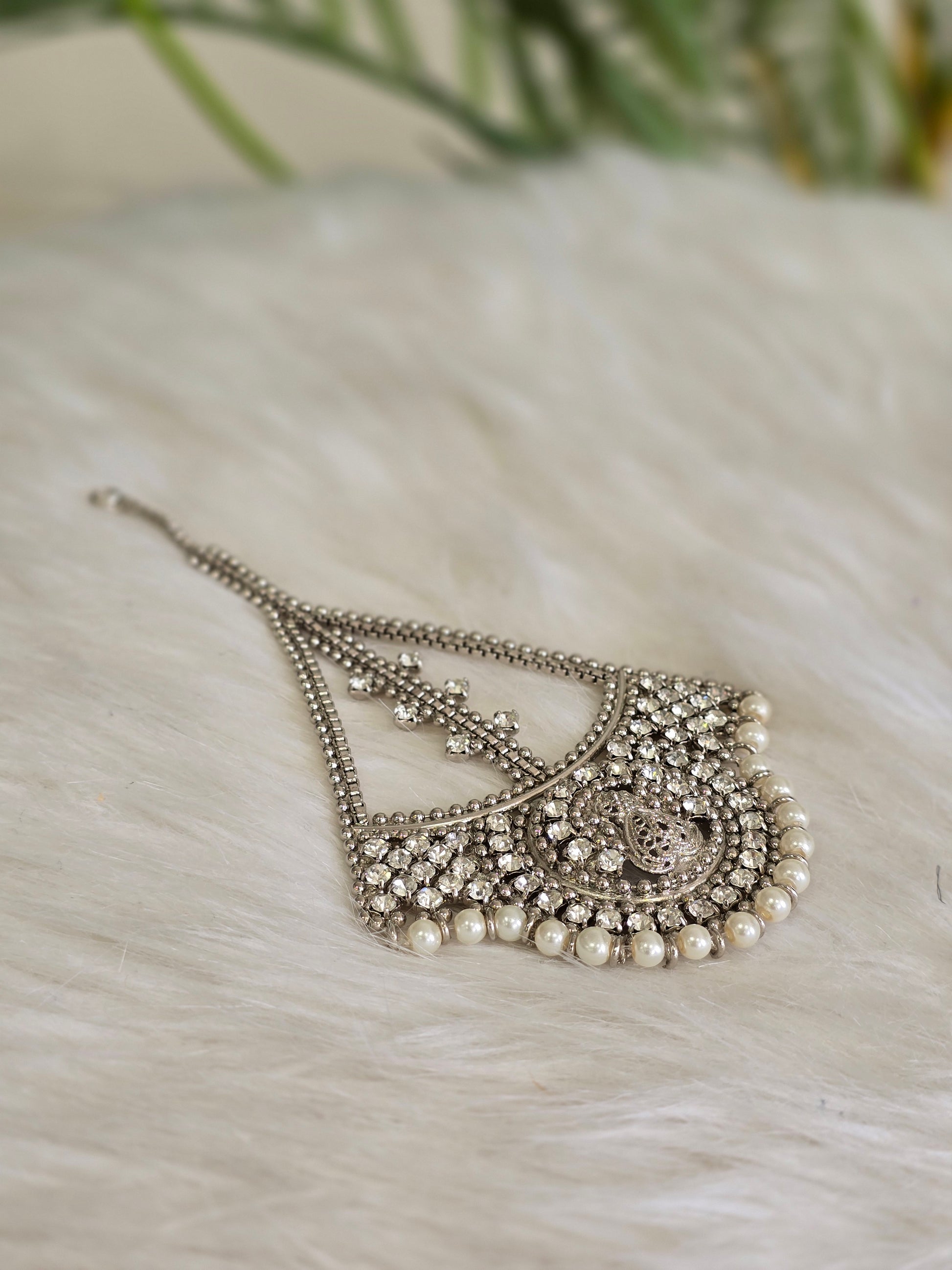 Royal Silver  Pearl & Clear Stone Passa/Jhoomar