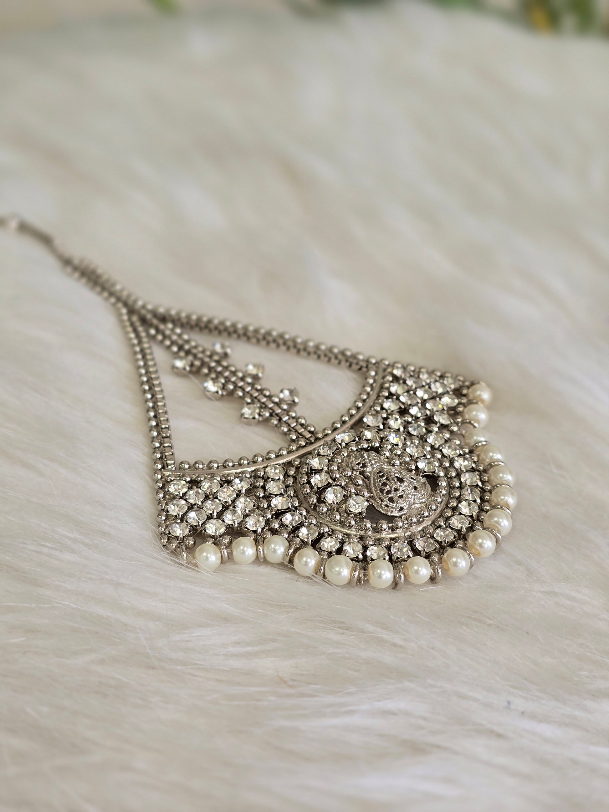 Royal Silver  Pearl & Clear Stone Passa/Jhoomar