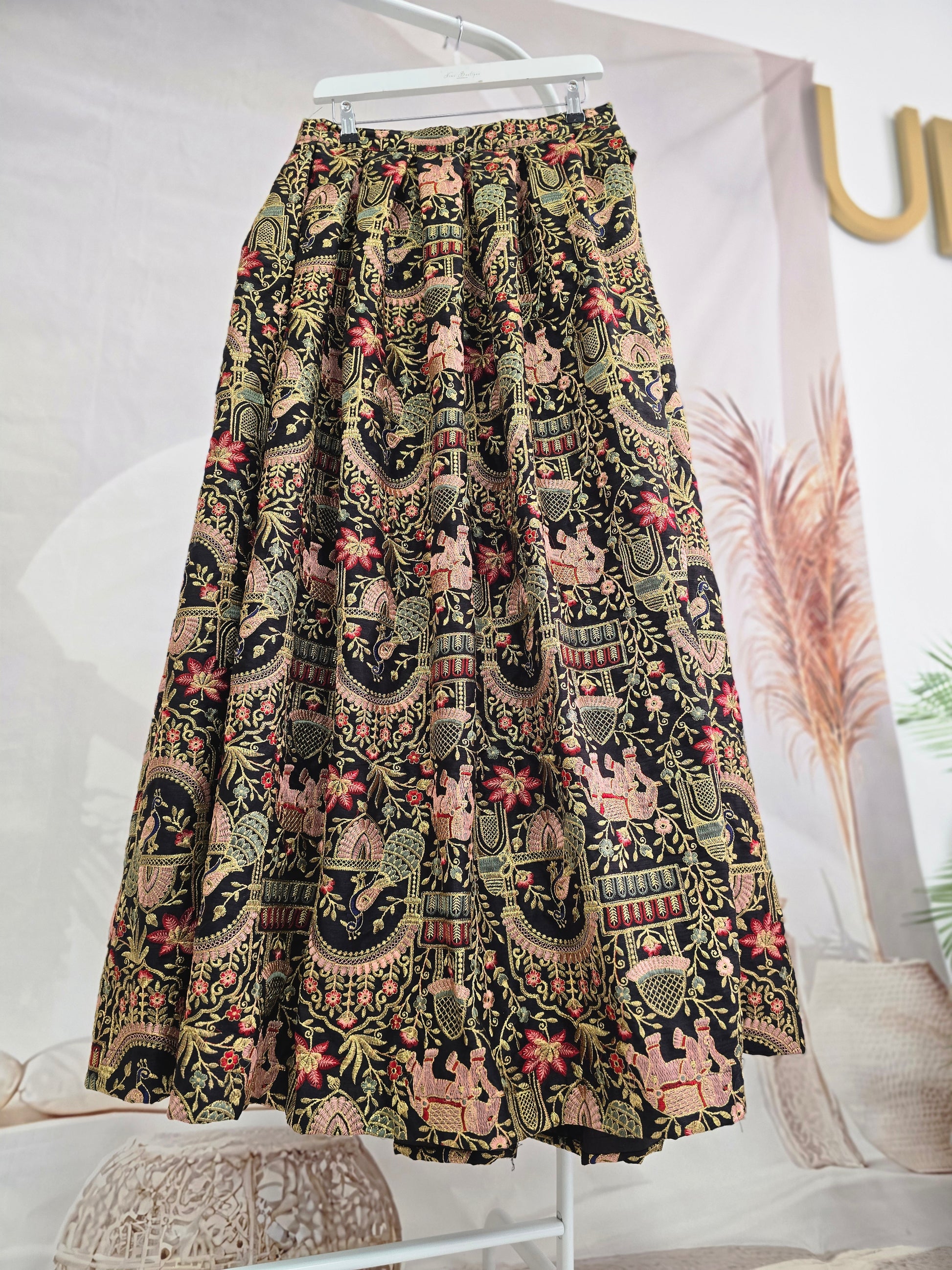 Elephant & Peacock Black thread embroidered Skirt (16-18)
