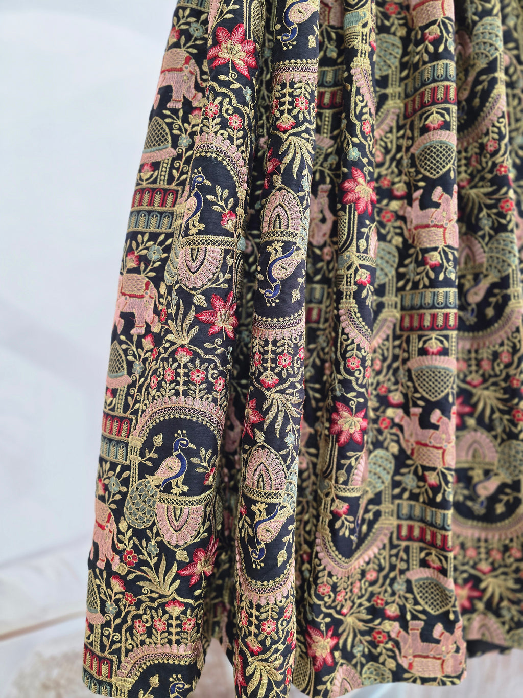 Elephant & Peacock Black thread embroidered Skirt (16-18)