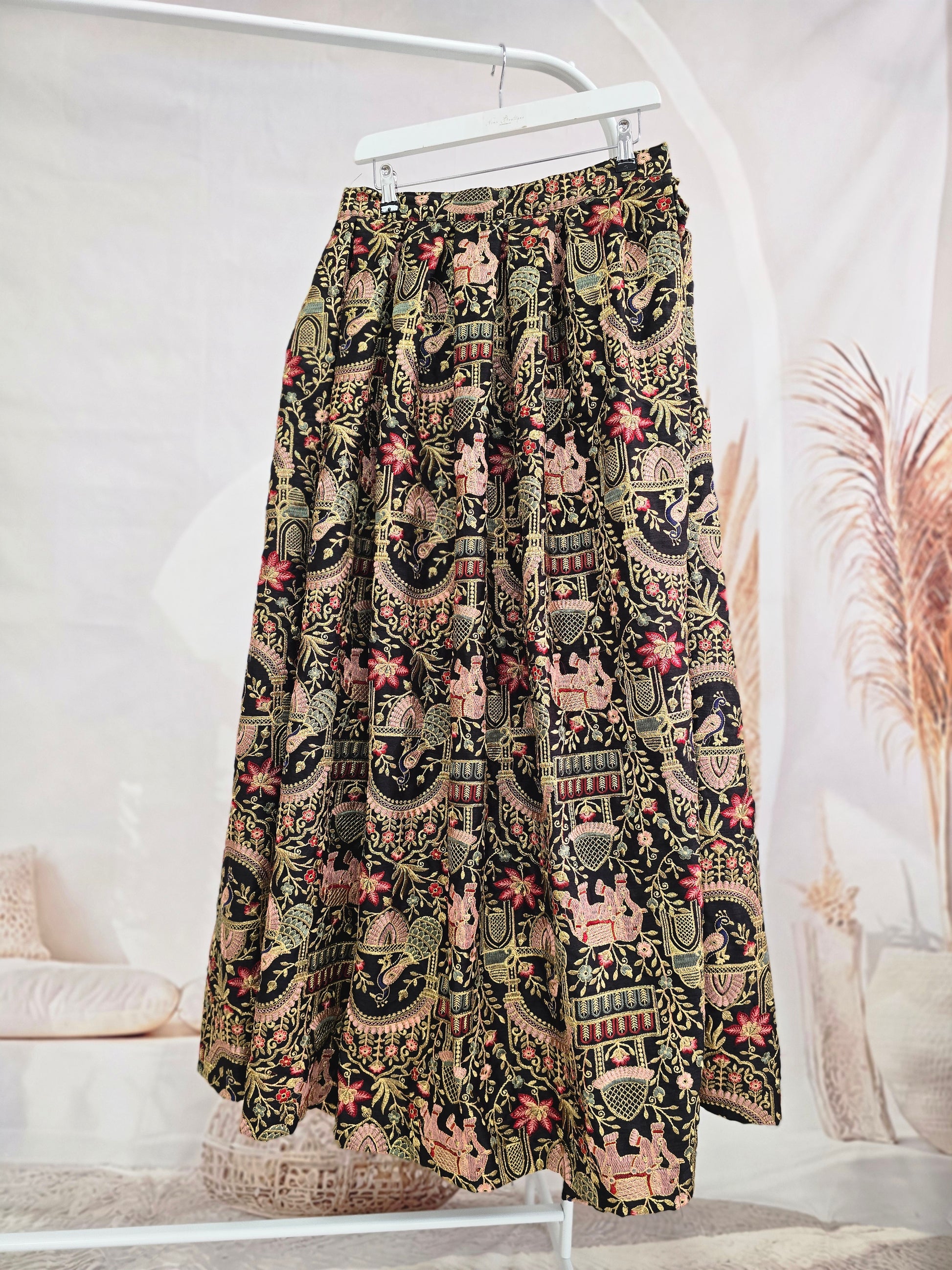 Elephant & Peacock Black thread embroidered Skirt (16-18)
