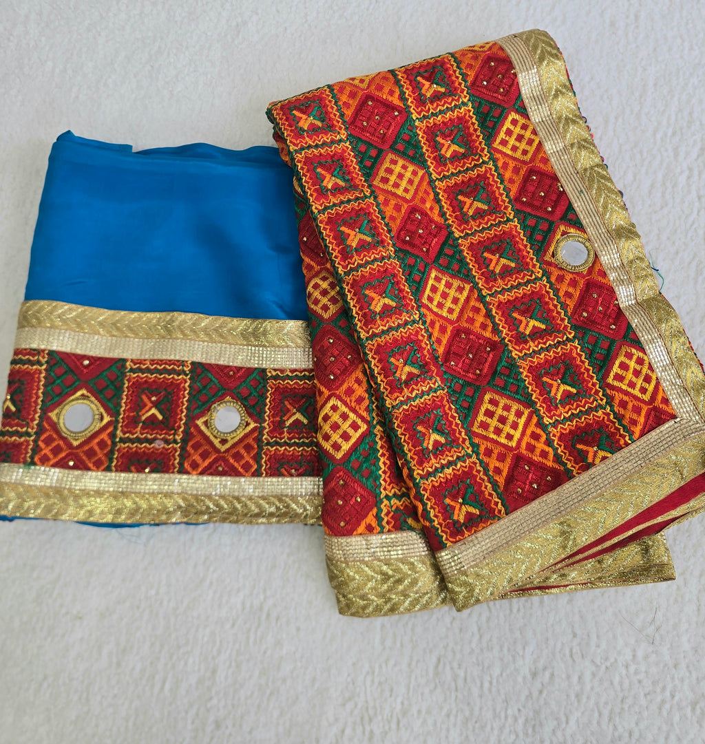 Unstitched Cobalt Blue Phulkari Punjabi Suit