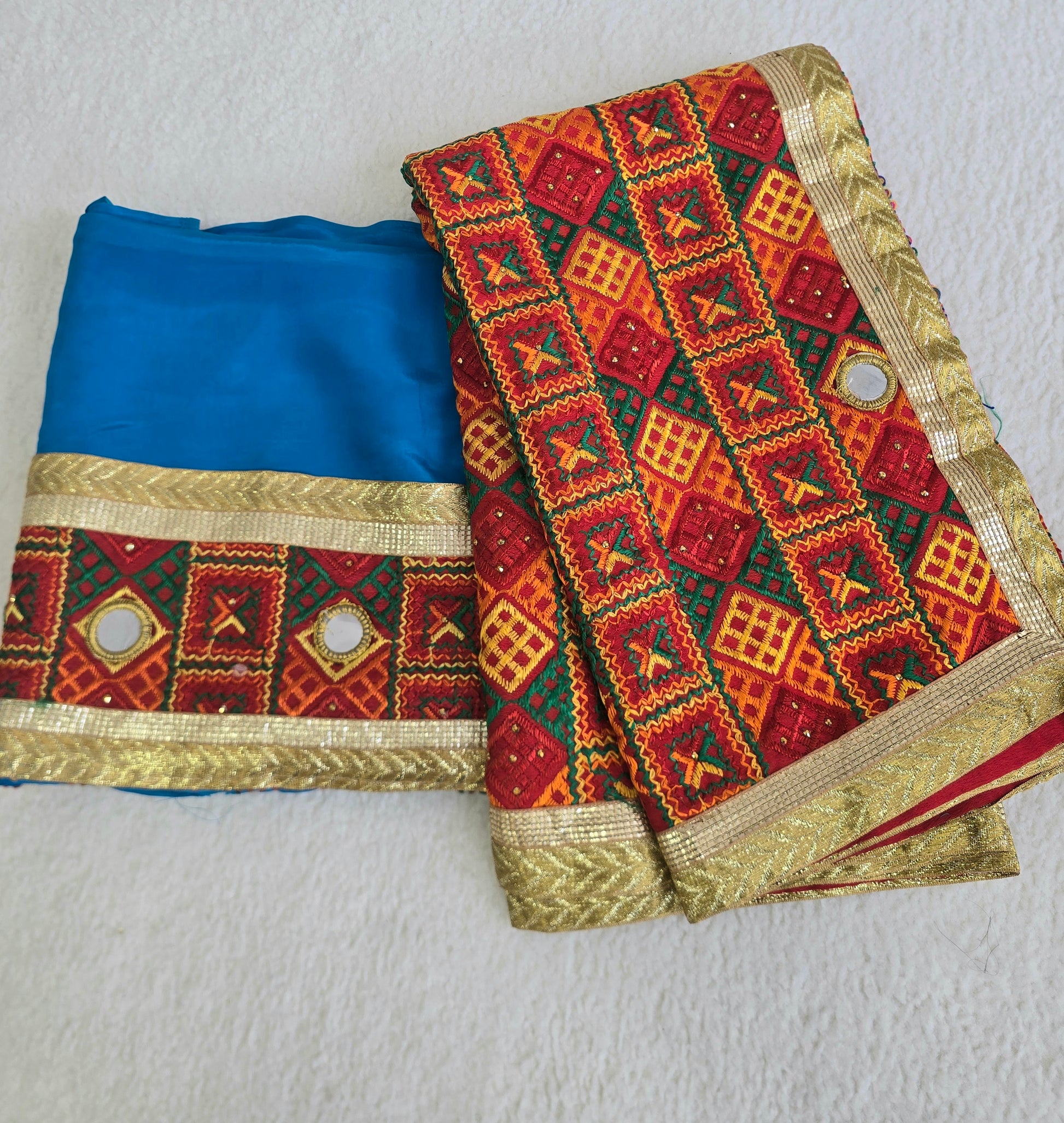 Unstitched Cobalt Blue Phulkari Punjabi Suit