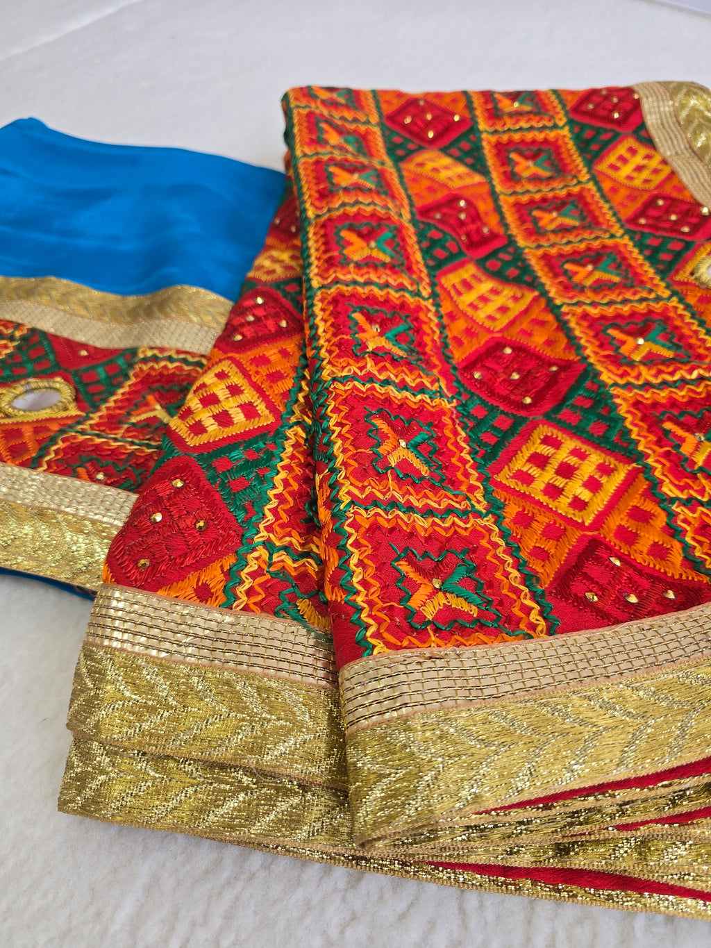 Unstitched Cobalt Blue Phulkari Punjabi Suit