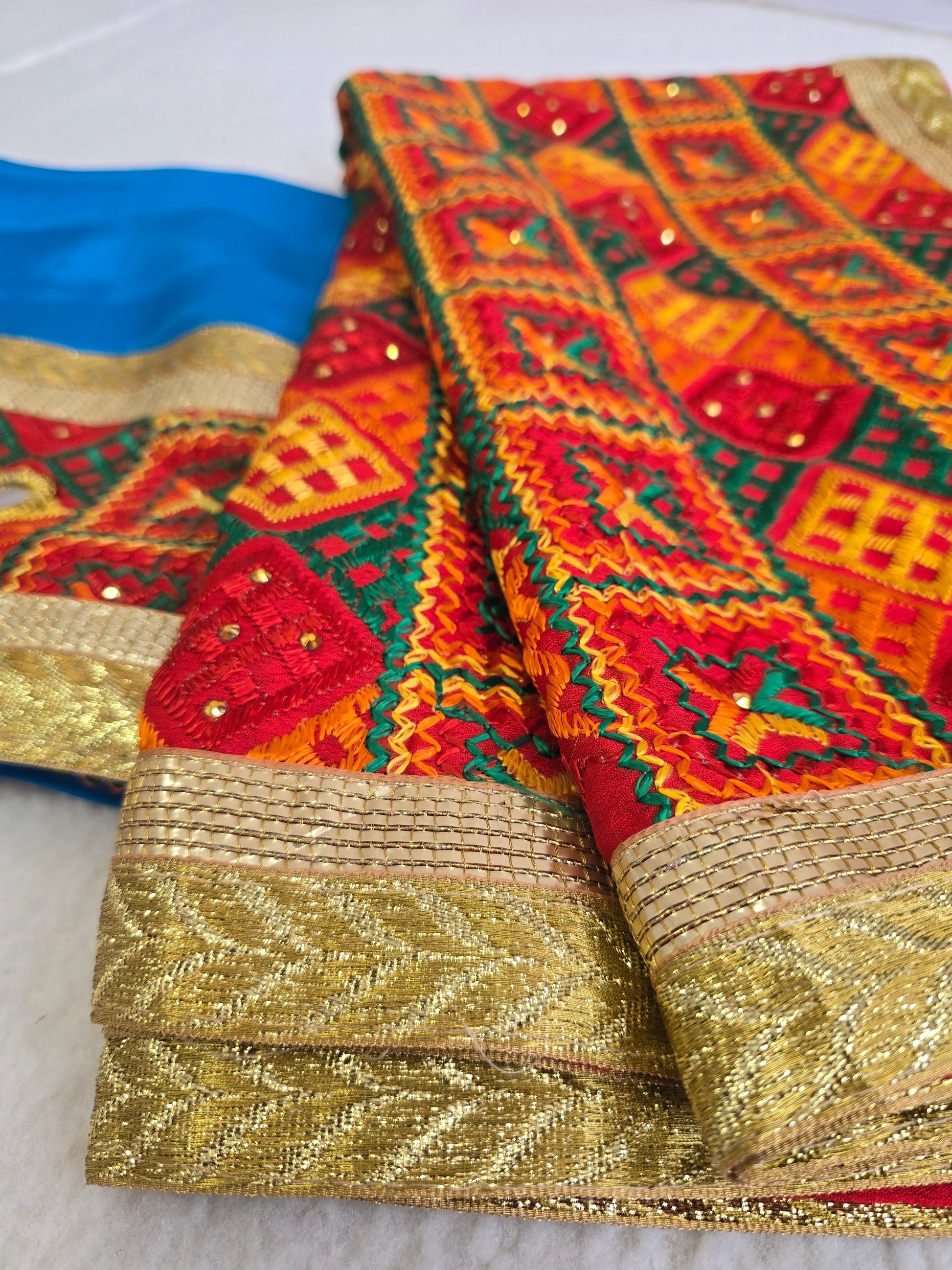 Unstitched Cobalt Blue Phulkari Punjabi Suit